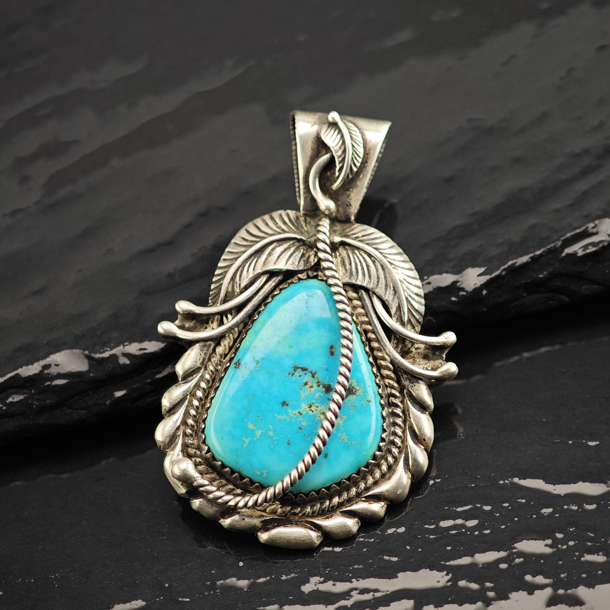 Kirk Turquoise Feather & Cord Detailing Sterling Silver Pendant P3147