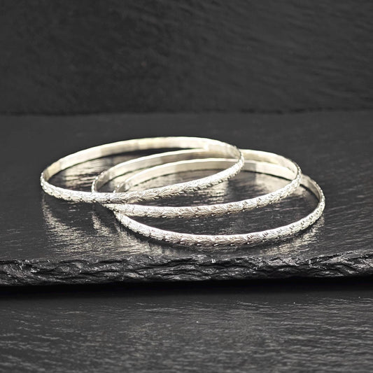 Stackable Repousse Floral Bangle Sterling Silver