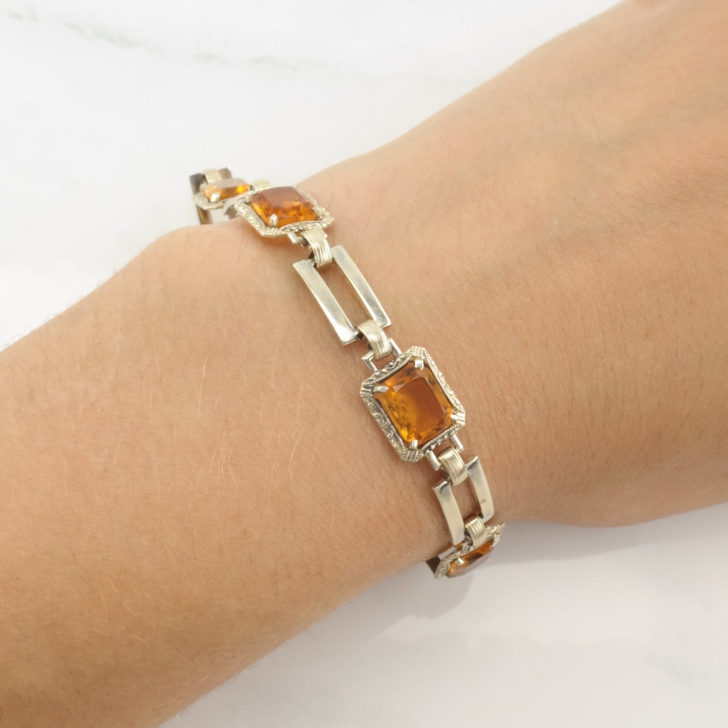 Orange Paste Sterling Silver Gold Tone Link Bracelet