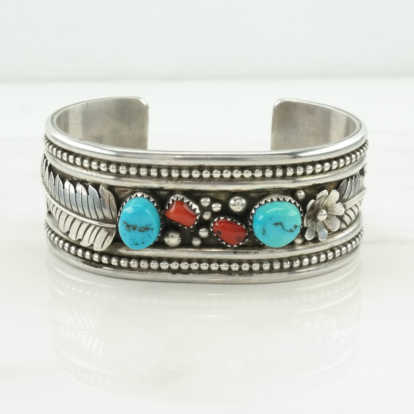 Native American Sterling Silver Cuff Bracelet Blue, Red Turquoise, Coral Leaf