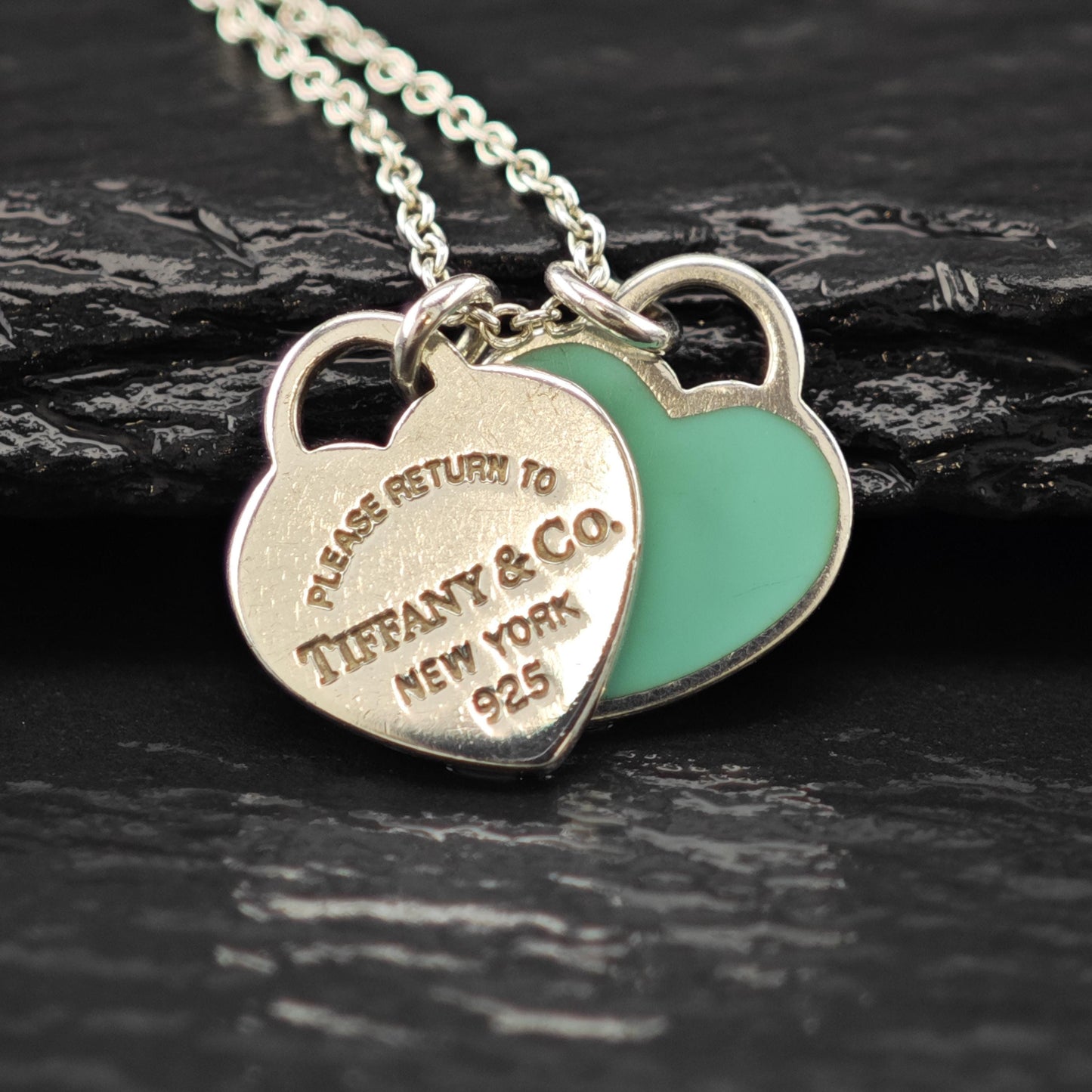 Vintage Tiffany Sterling Silver Teal Double Heart Enamel Necklace