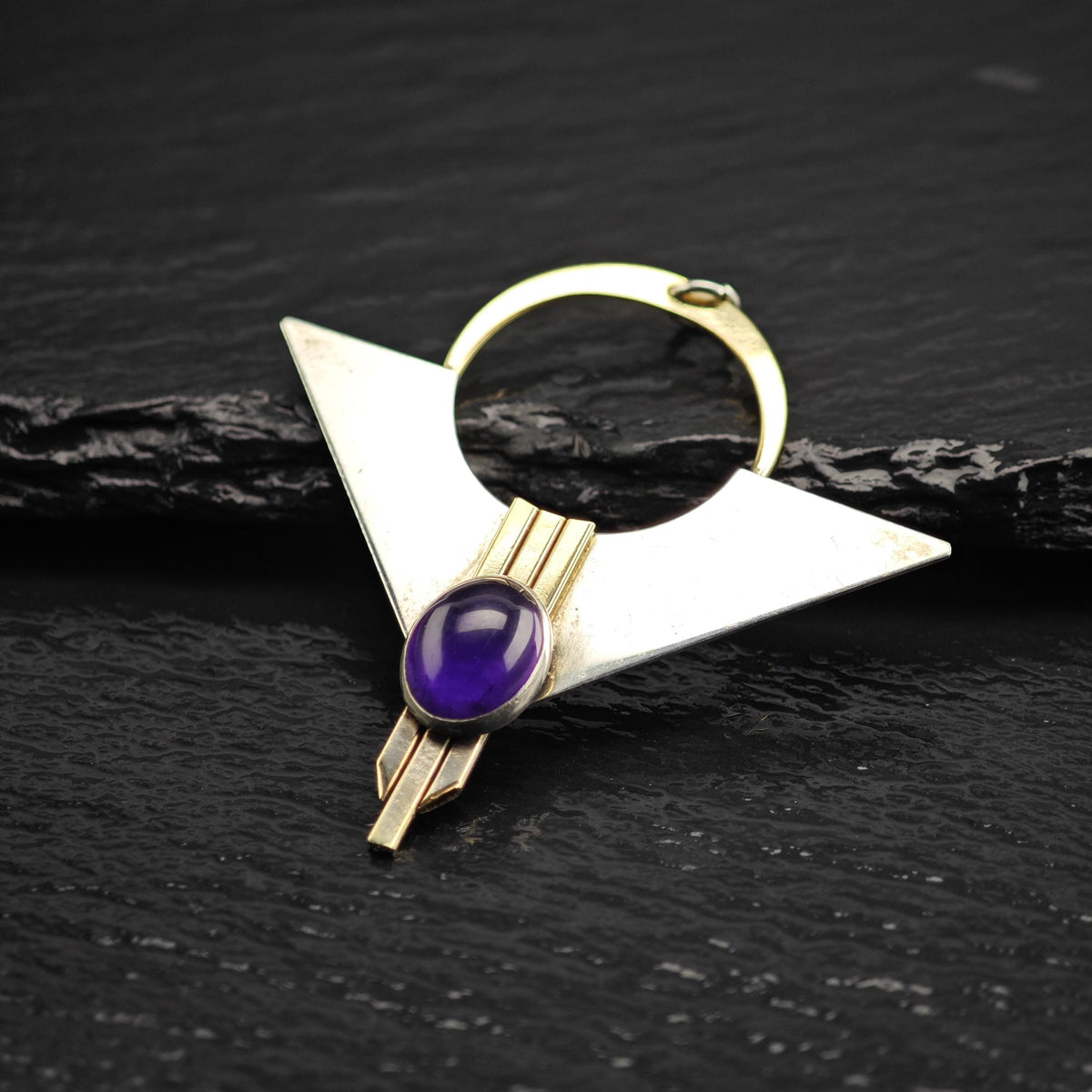 Modernist Amethyst Gold Accent Triangular Sterling Silver Pendant P3119