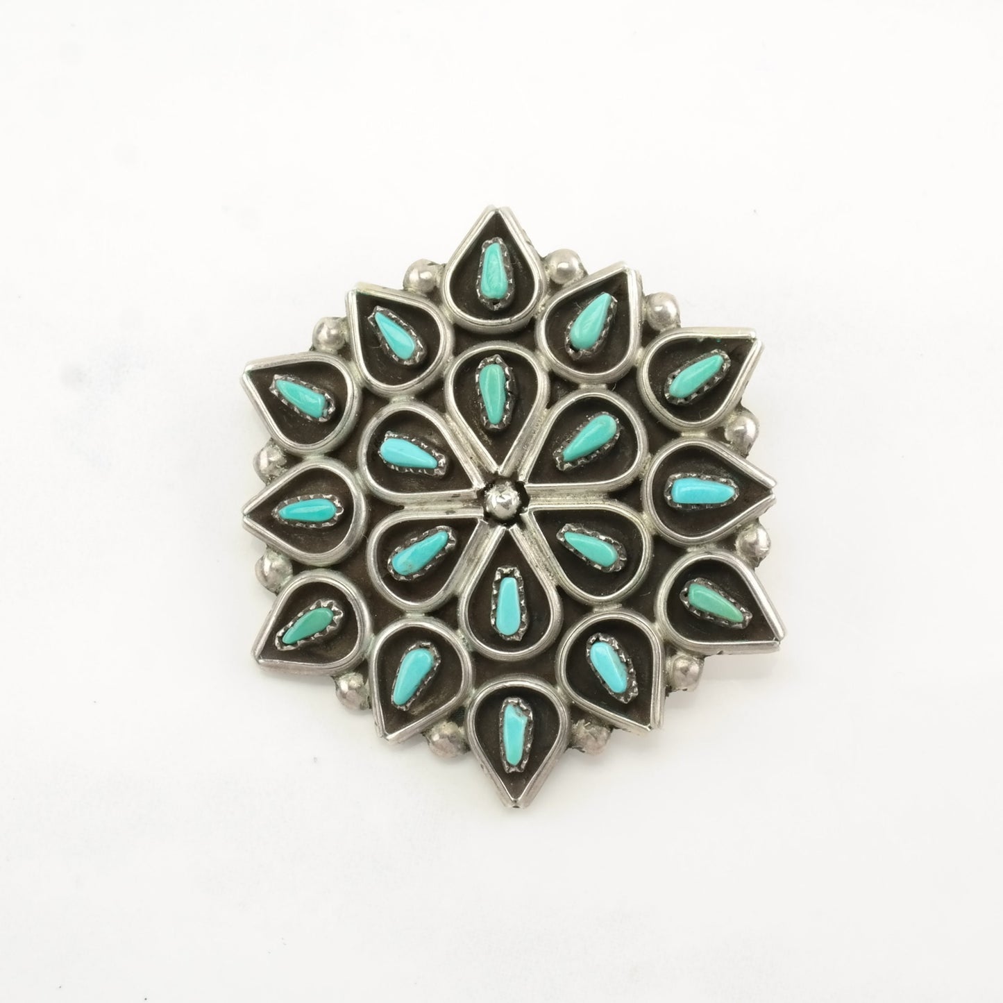 Vintage Zuni Sterling Silver Brooch Pendant Floral Blue Petit Point Turquoise