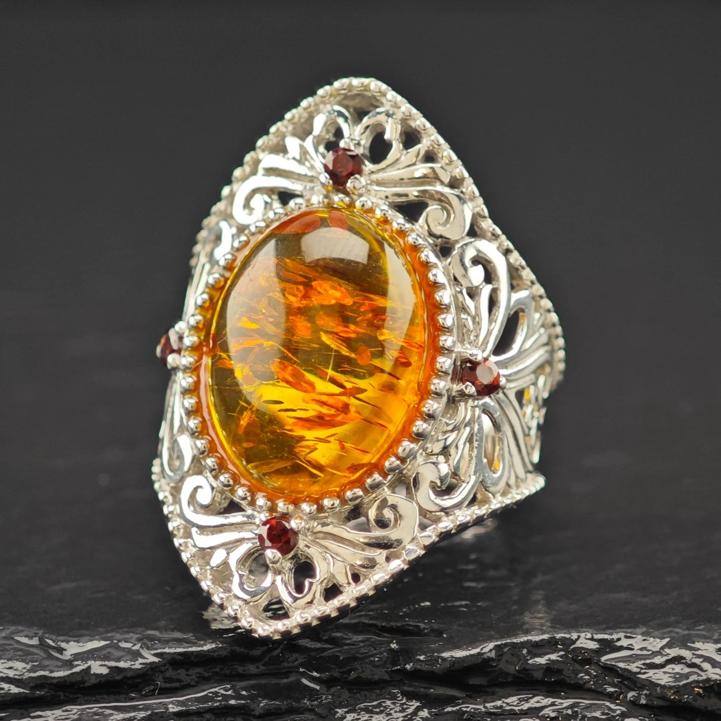 BBJ Amber Ruby Ring Sterling Silver Filigree Sz 6 1/4 R6090