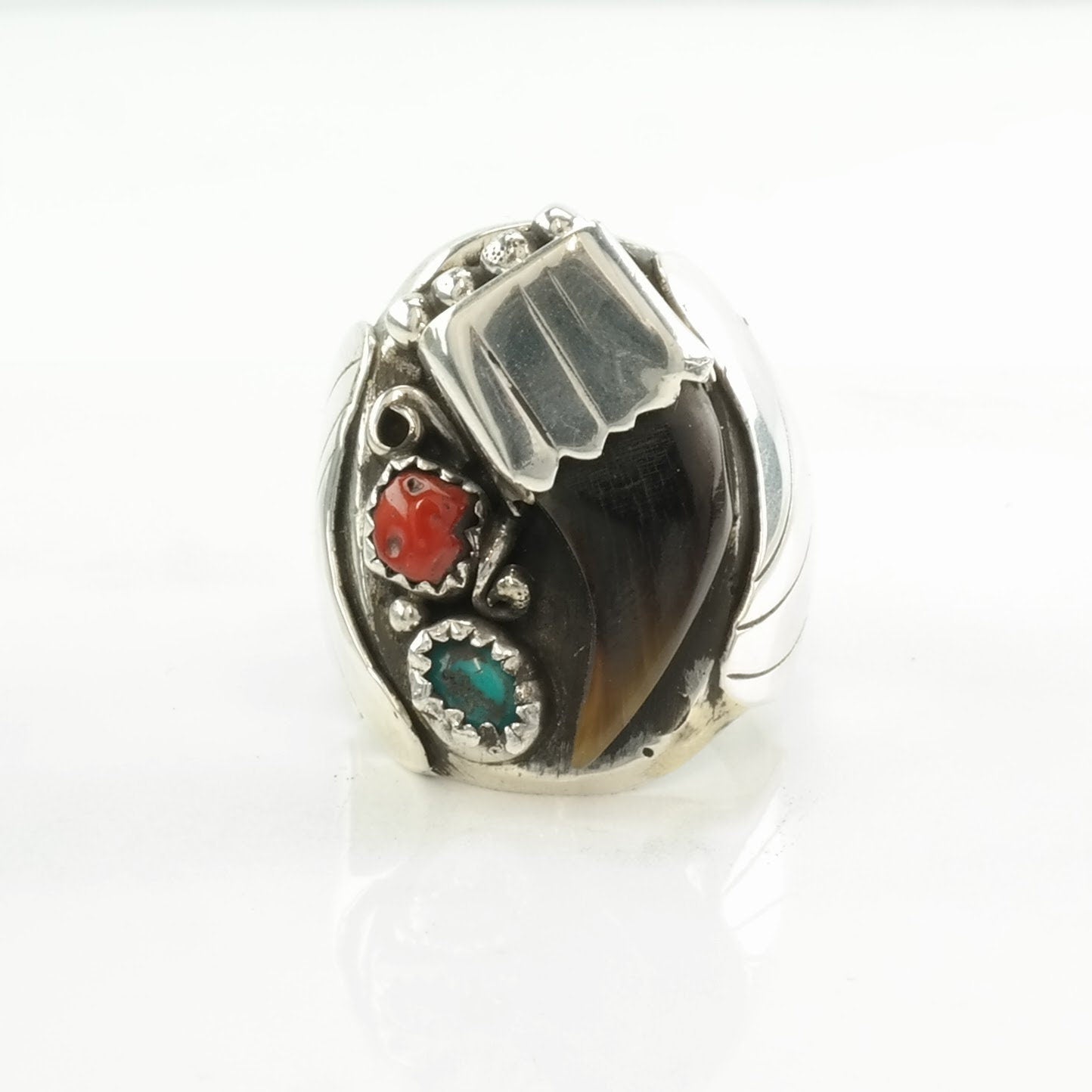 Native American Silver Ring Turquoise, Coral, Coyote Claw Leaf Sterling Blue, Red Size 11 1/2