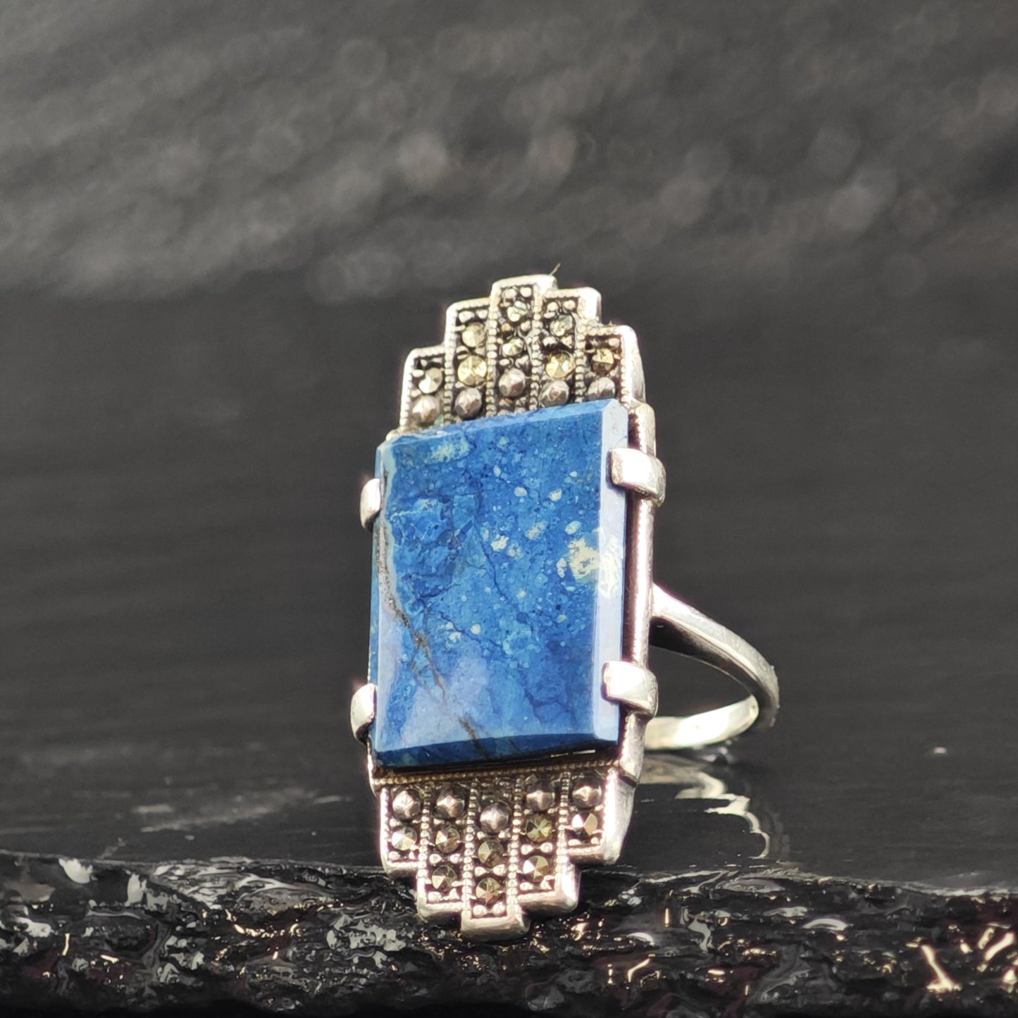 Art Deco Blue Gemstone Sterling Silver Ring Sz 3 1/4 R6593