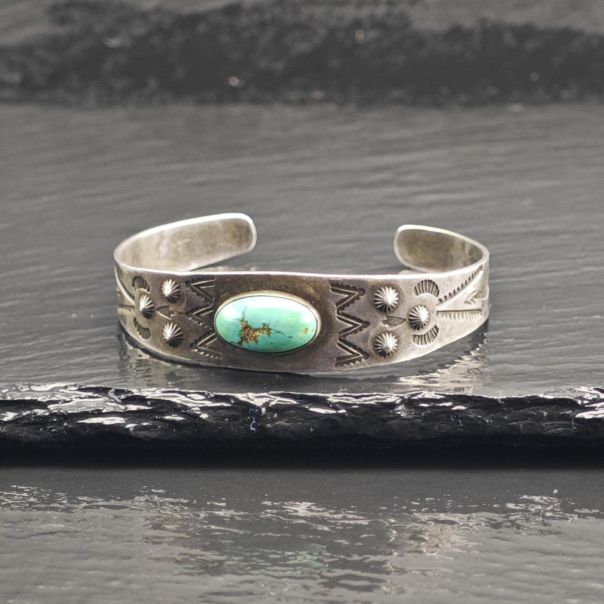 Fred Harvey Era Blue Gem Turquoise Stamped Sterling Silver Cuff Sz 6 1/4" BR3116