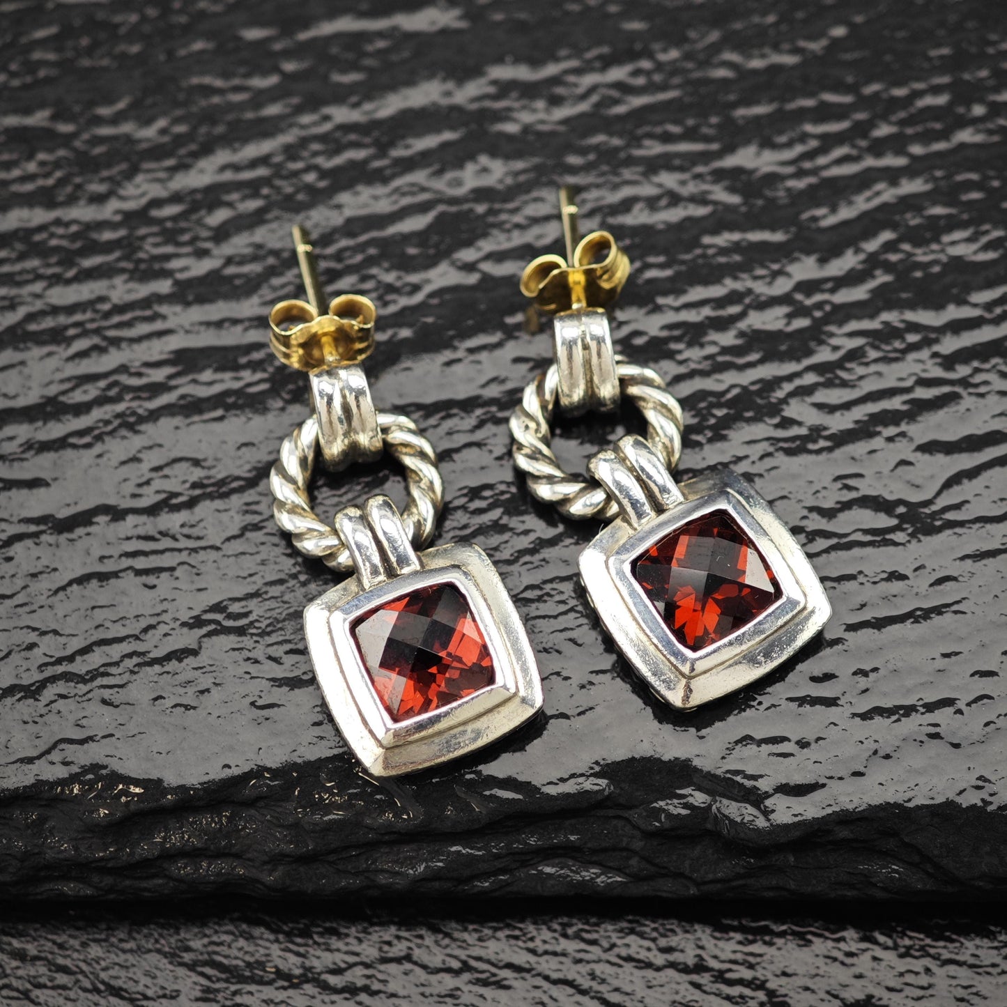 Vintage David Yurman Red Garnet, Two-tone, 10k & 14K Gold Post Sterling Silver Stud/Dangle Earrings