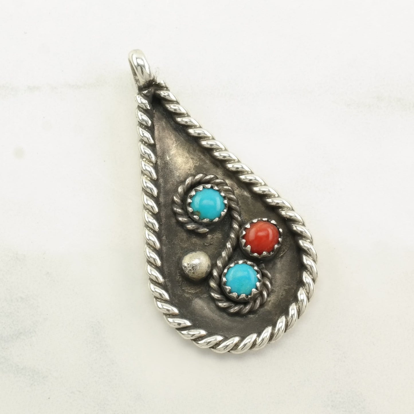 Native American Turquoise, Coral Shadowbox Sterling Silver Pendant