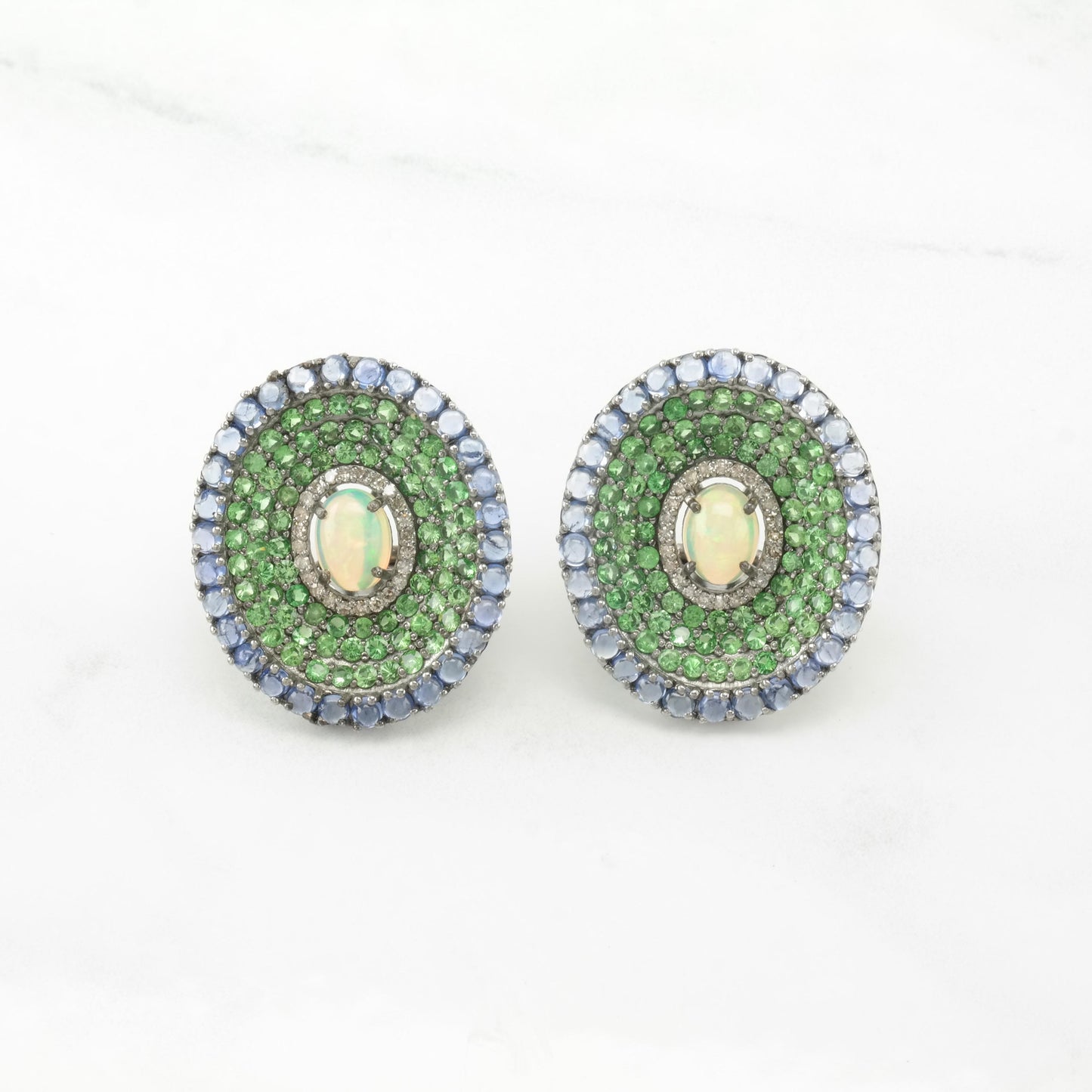 Vintage Diamond, Sapphire, Tsavorite, Opal Oval, Large Sterling Silver Pierced Omega Back Earrings