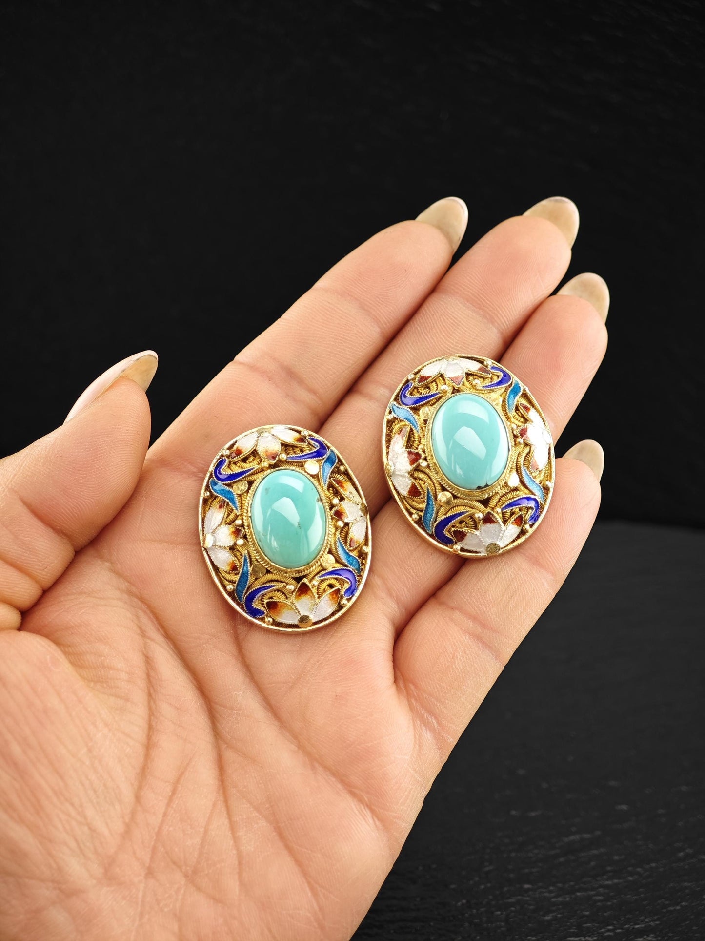 Chinese Export Turquoise, Vermeil Enamel Sterling Silver Stud Earrings