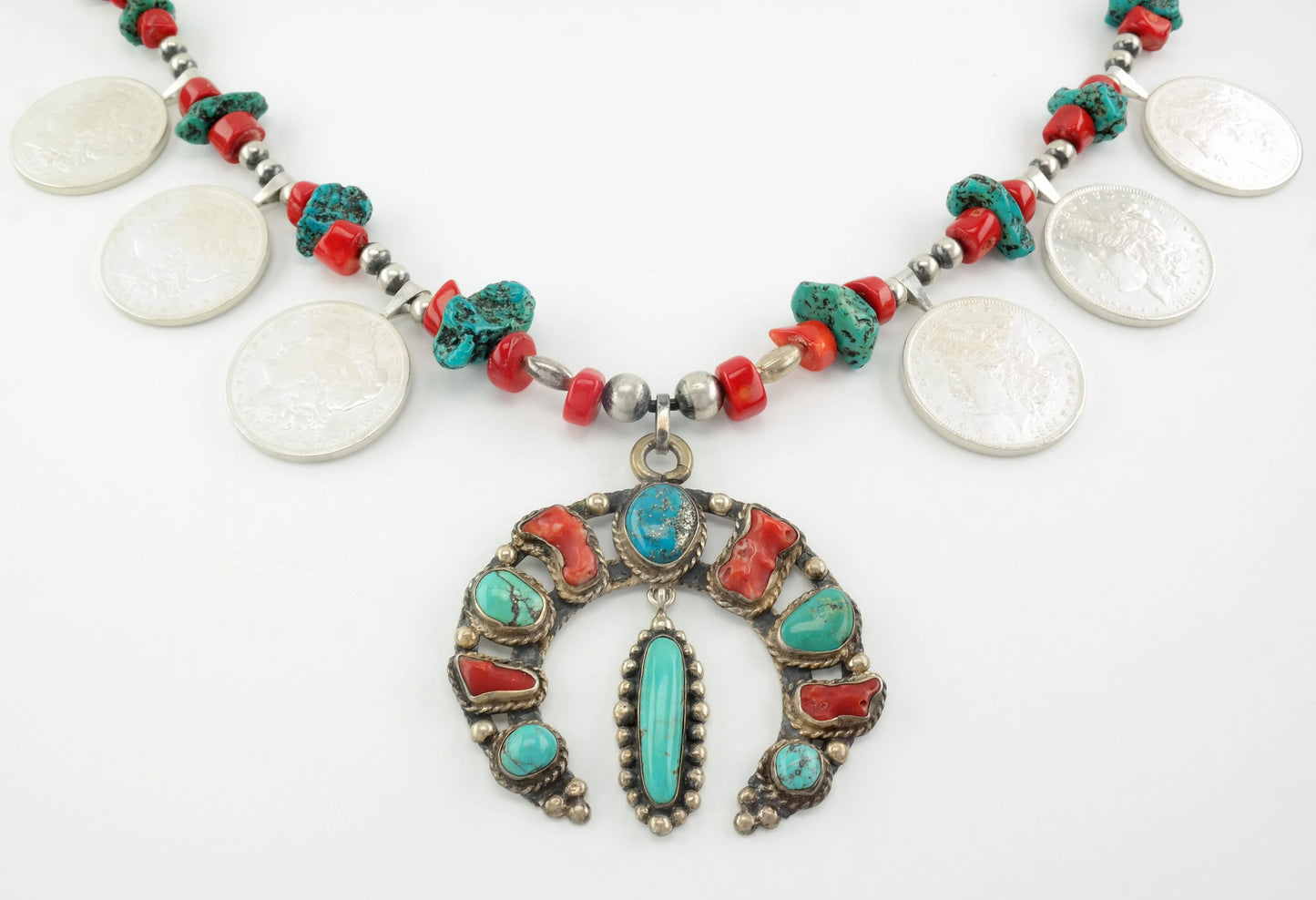 Iron Wolf Thompson Sterling Silver Turquoise, Coral, Morgan Dollars Squash Blossom Necklace