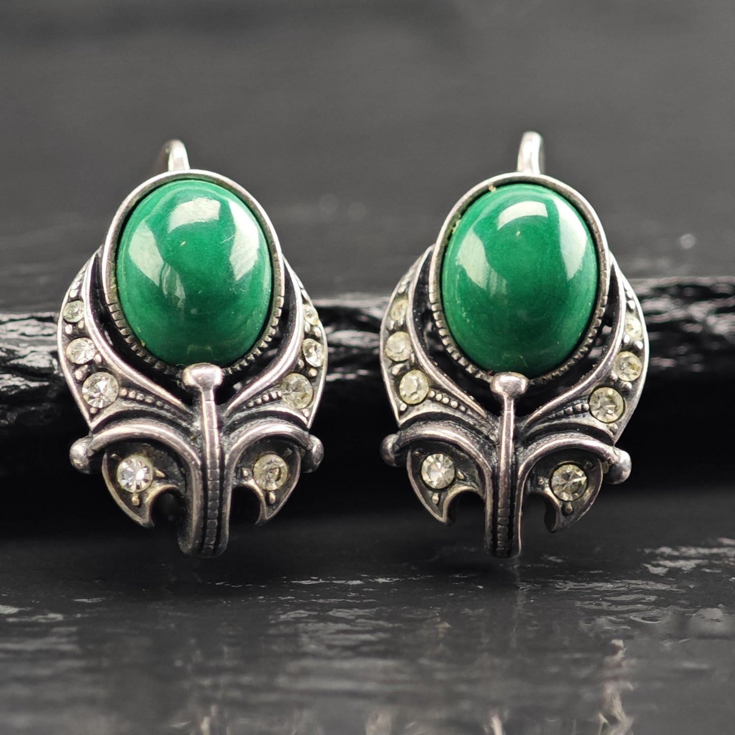 European, Art Deco St Green Malachite Rhinestone Sterling Silver Latch Earrings ER3118