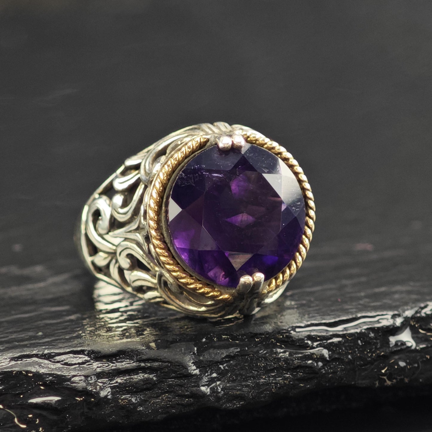Amethyst 14k Gold Bezel Sterling Silver Ring Sz 6 R6571