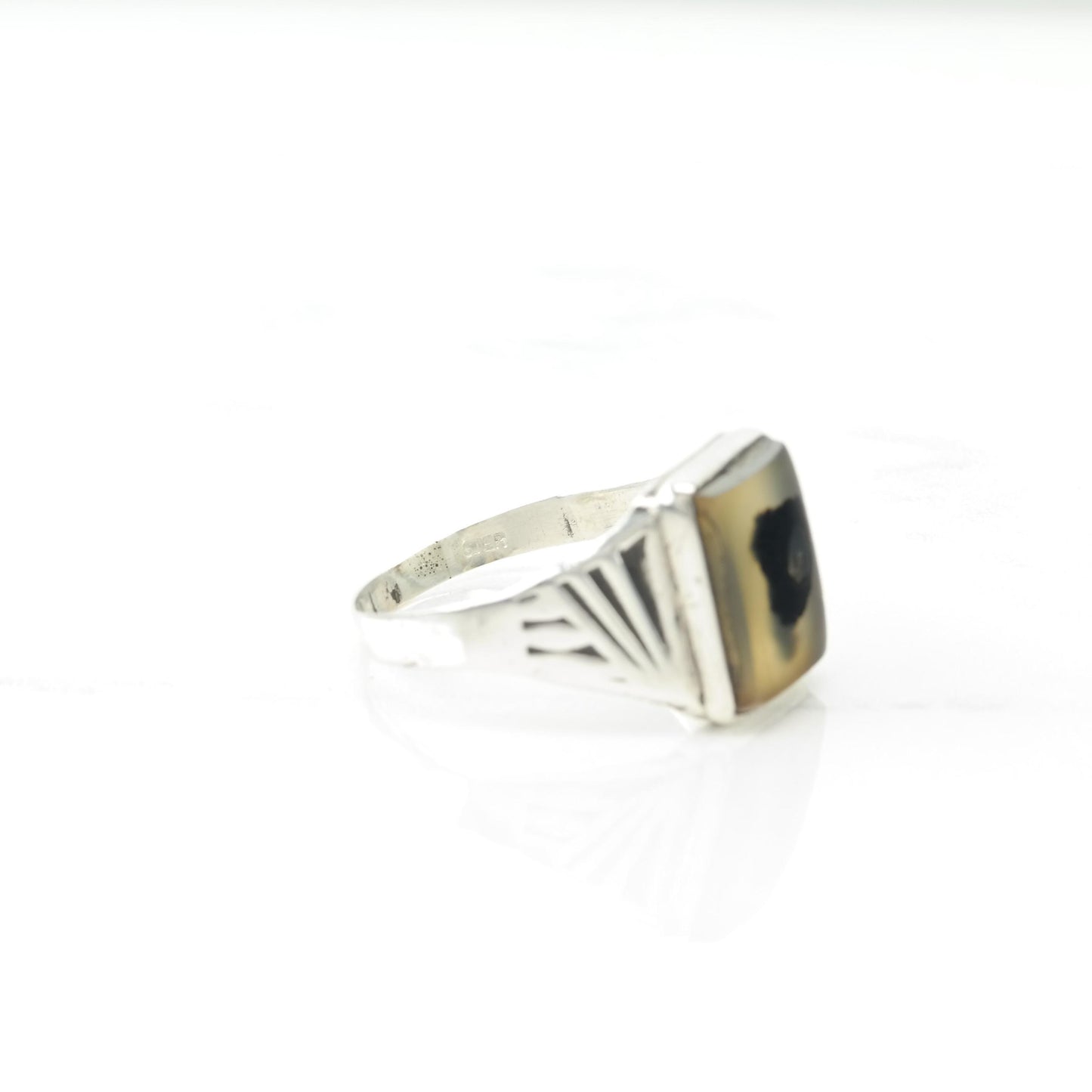 Art Deco Silver Ring Agate Sterling Brown, Black Size 11