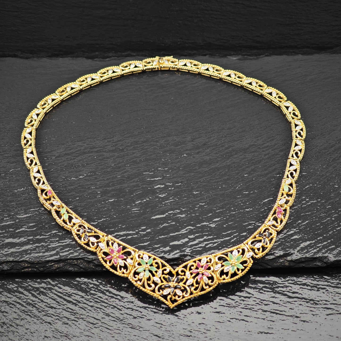 Multi-color Emerald Ruby Sapphire Floral Gold Plated Collar Necklace Sterling Silver N2657