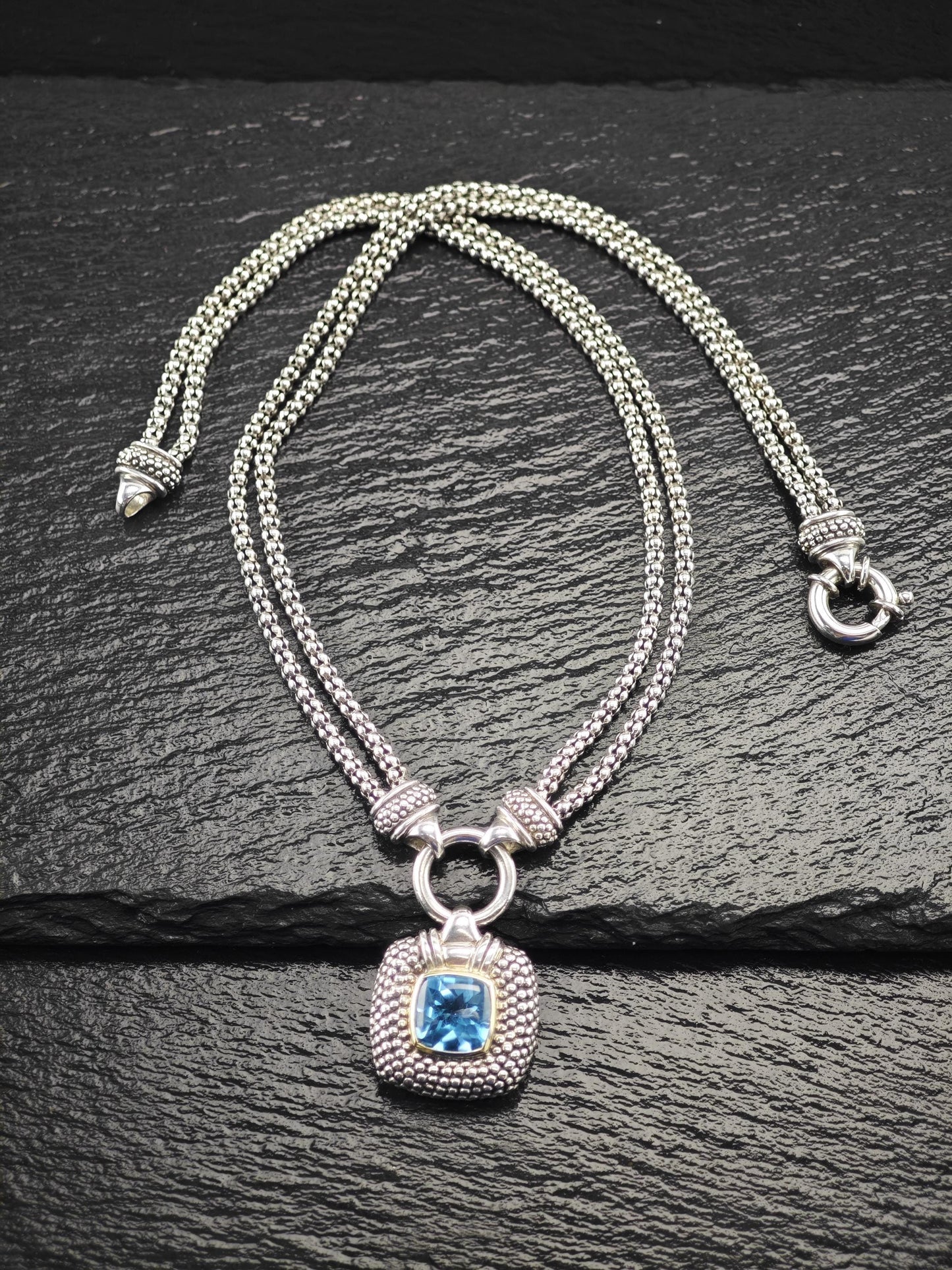 Designer Blue Topaz, 14k Gold Bezel Necklace Sterling Silver N2487
