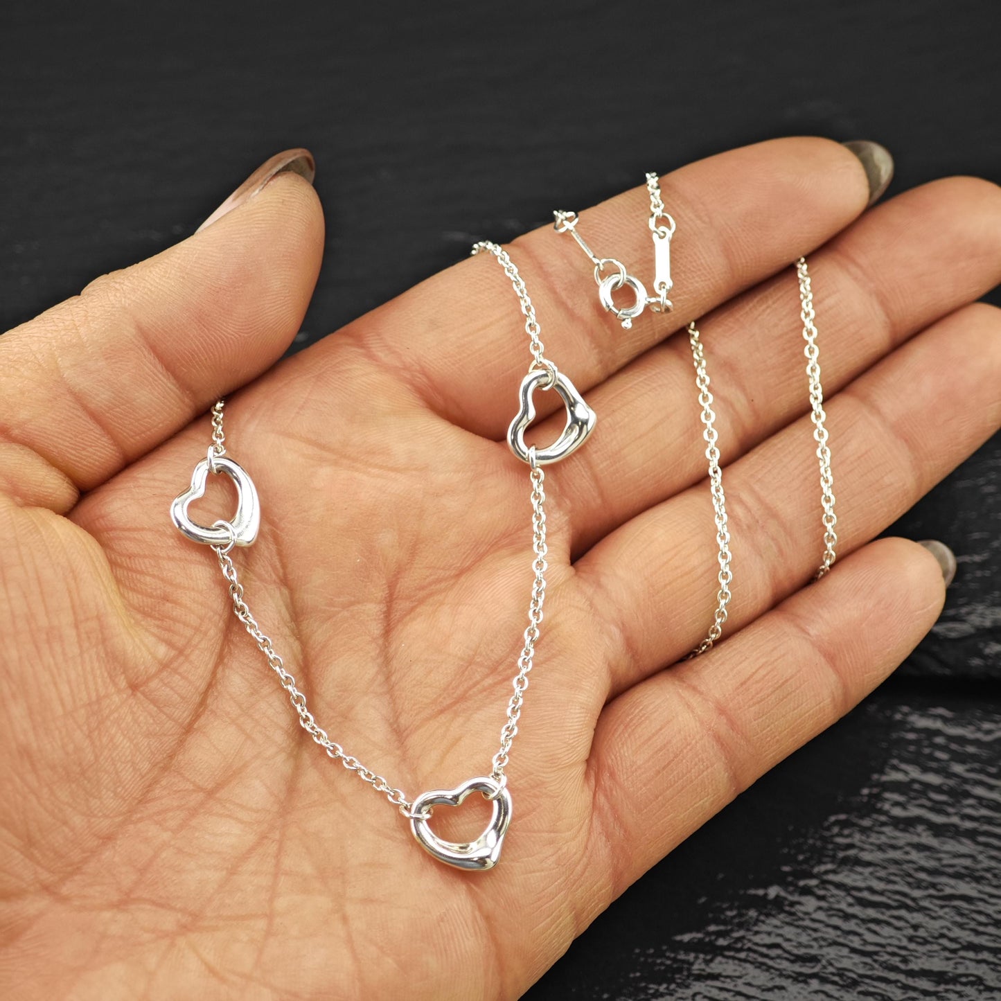 Vintage Tiffany & Co. Sterling Silver Open Heart Station Necklace