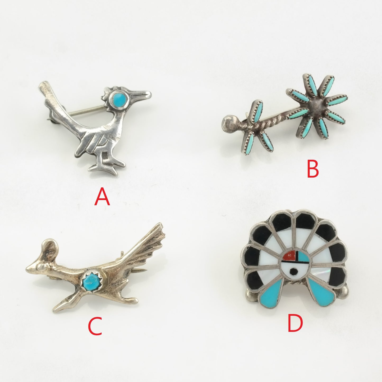 Choice of Native American Brooch Roadrunner, Flower, Zuni Sunface Multi Gem Sterling Silver