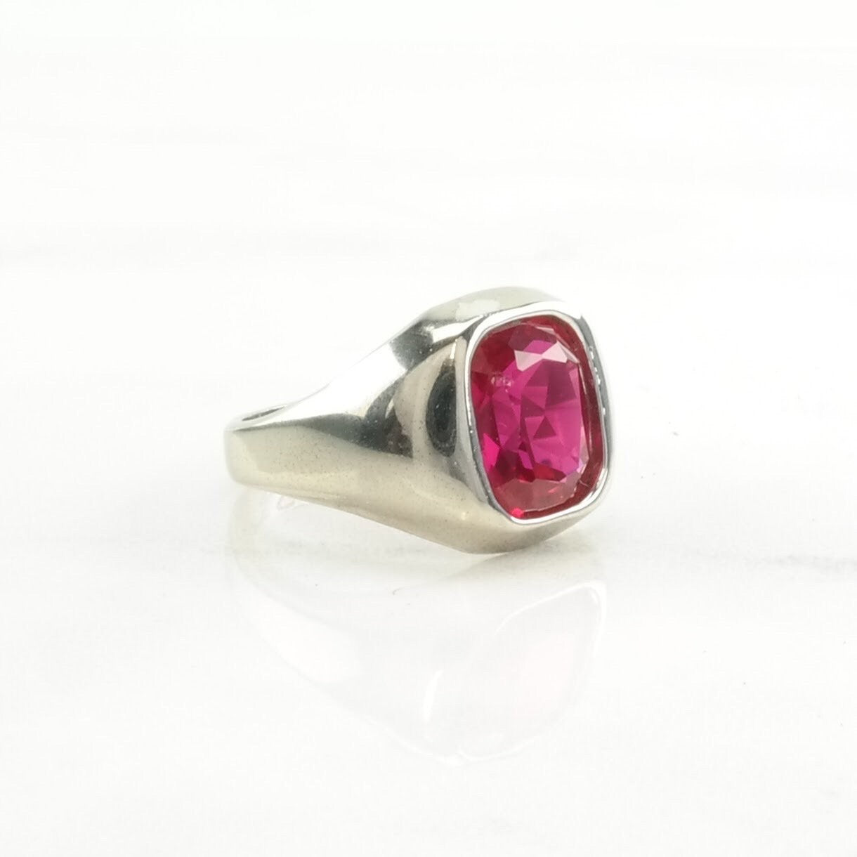 Art Deco Style, Pinky Ring Silver Ring Created Ruby Modernist Sterling Pink Size 6 1/2