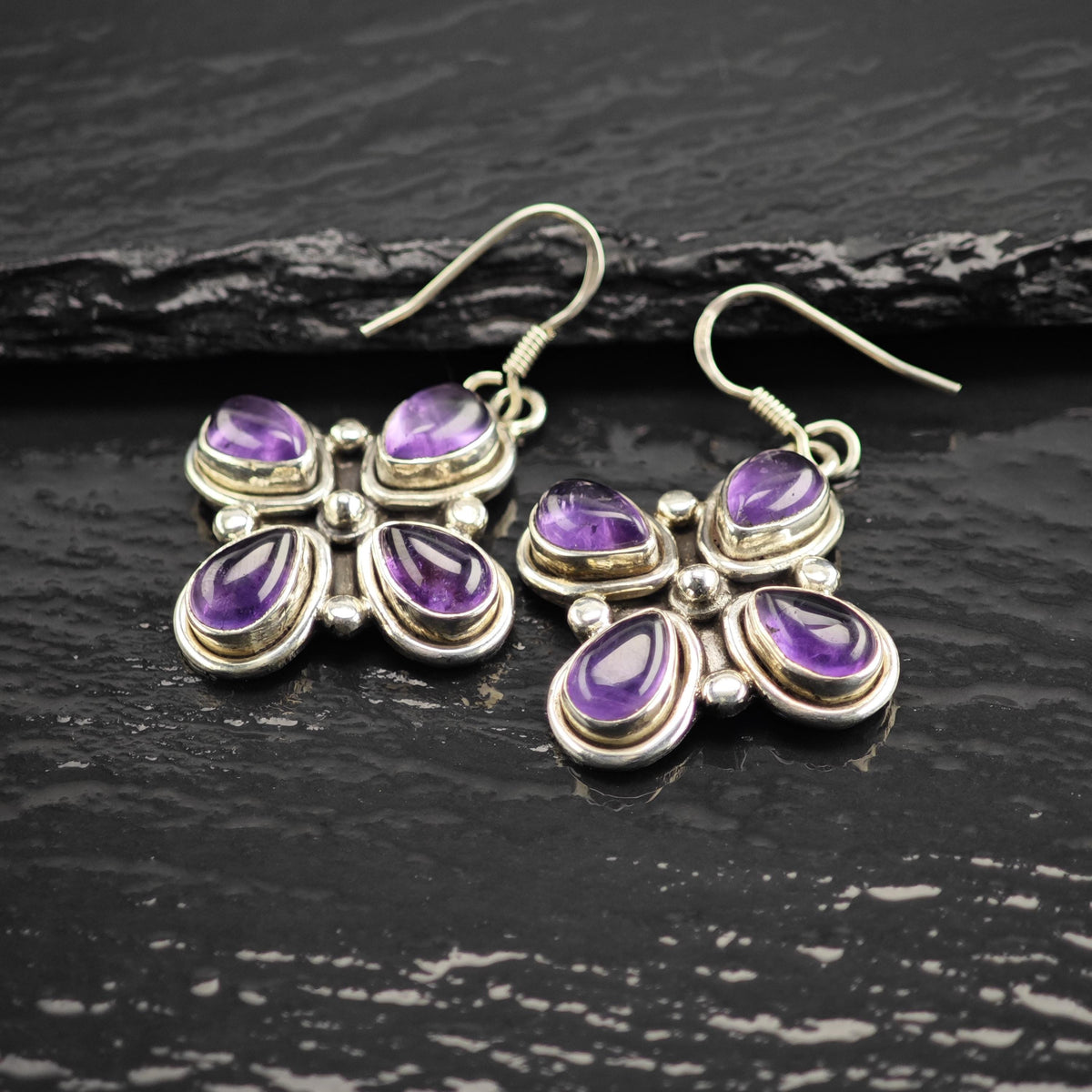Amethyst Clover Design Dangle Sterling Silver Earrings ER3238
