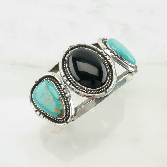 Vintage Fred Guerro, Native American Sterling Silver Cuff Bracelet Black, Blue Onyx, Turquoise Three Stone