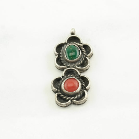Vintage Native American Turquoise, Coral Floral Sterling Silver Pendant