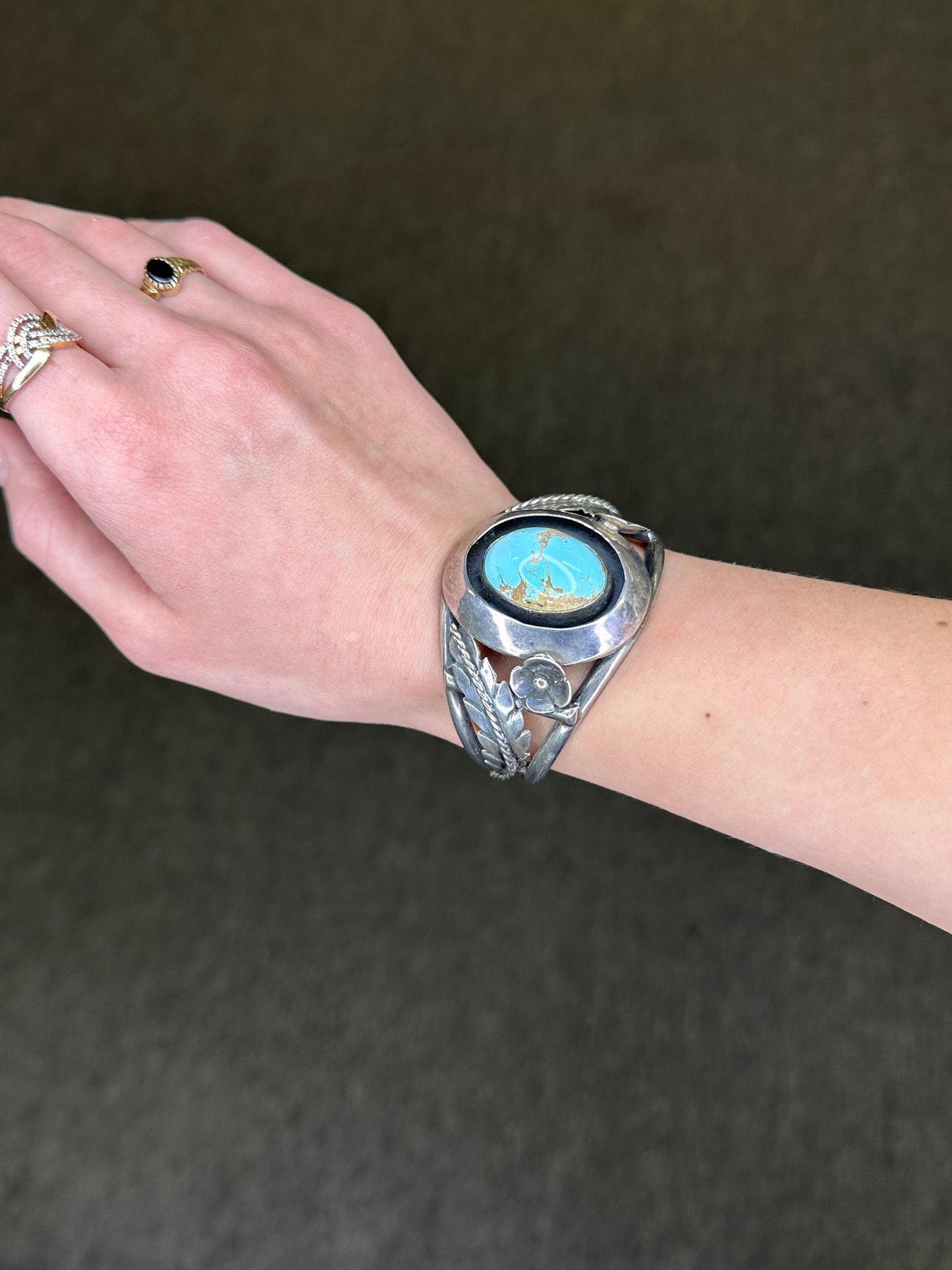 Native American Sterling Silver Persian Turquoise Flower Leaf Shadowbox Cuff Bracelet