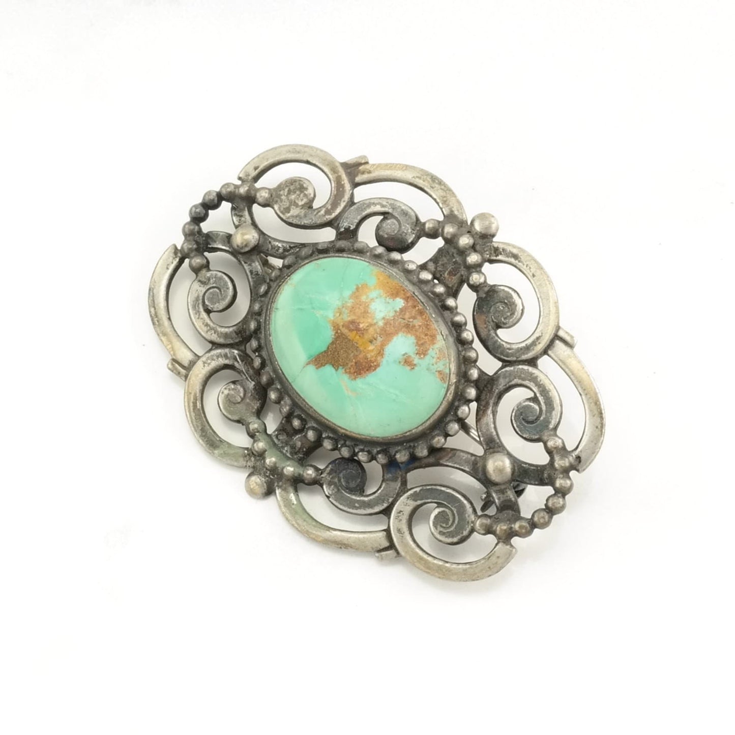 Vintage Hand Wrought Sterling Silver Brooch Scroll Green Turquoise