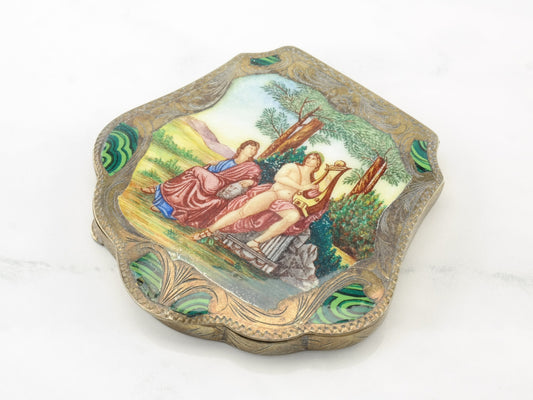 Antique Enamel & Sterling Silver Compact | Romantic Scene | Clamshell Vanity | 1920s-1930s Makeup