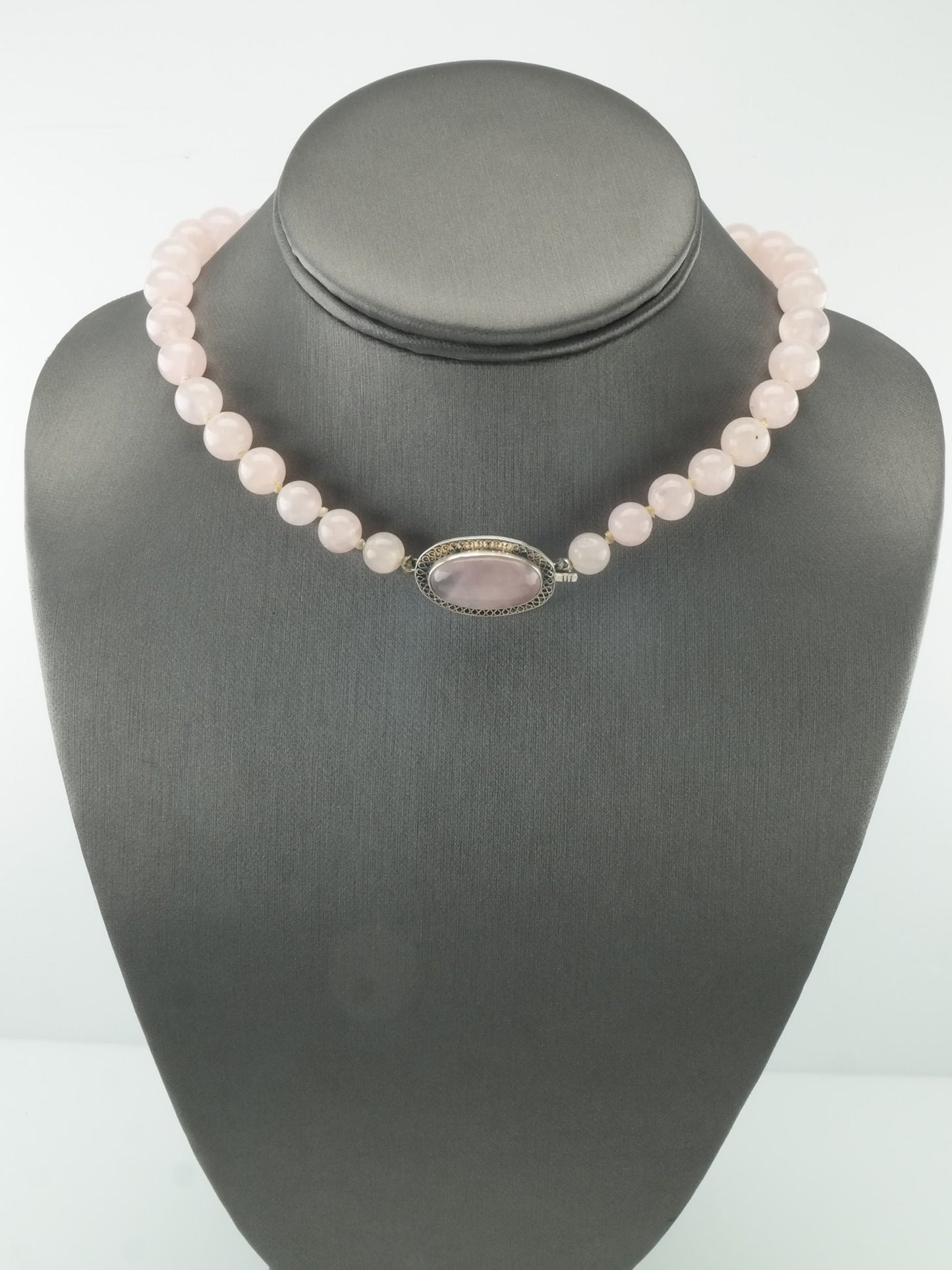 Natural Rose Quartz Filigree Necklace Sterling Silver