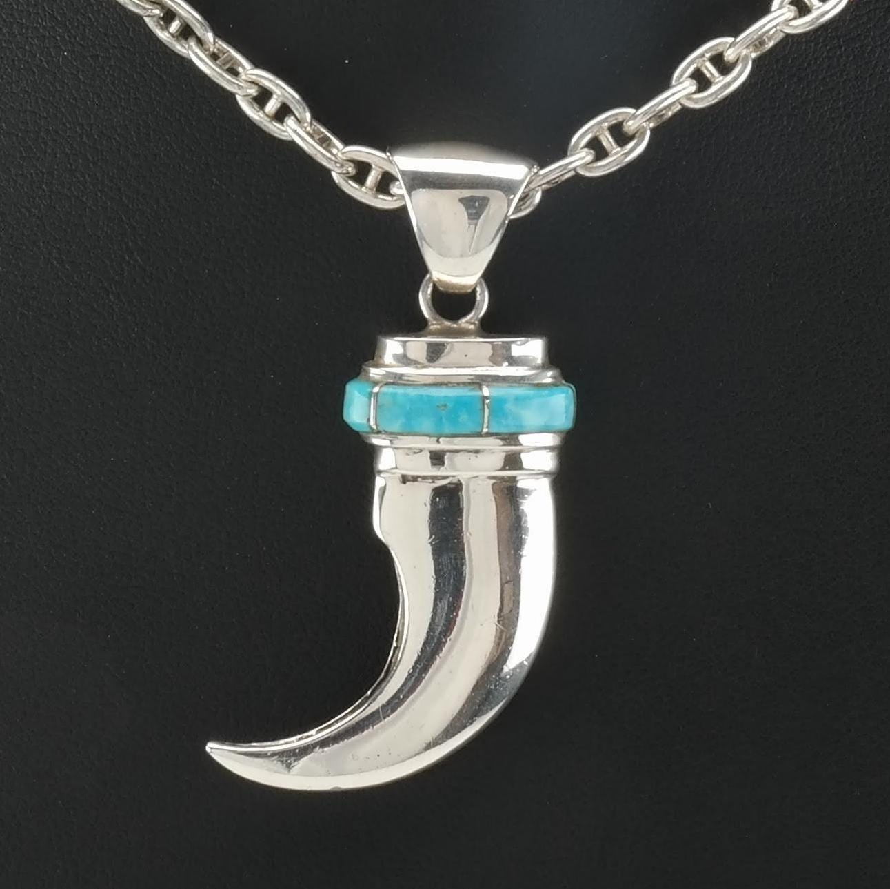 Vintage Southwest Sterling Silver Blue Turquoise Inlay Silver Claw Necklace