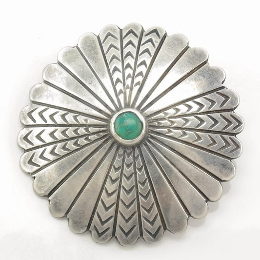 Native American Sterling Silver Brooch Concho Green Turquoise