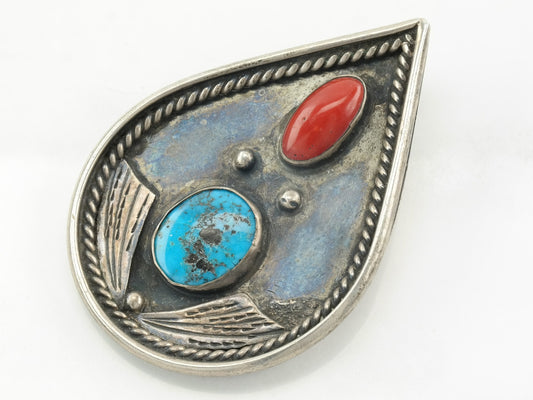 Native American Coral, Turquoise, Shadowbox, Teardrop Sterling Silver Pendant