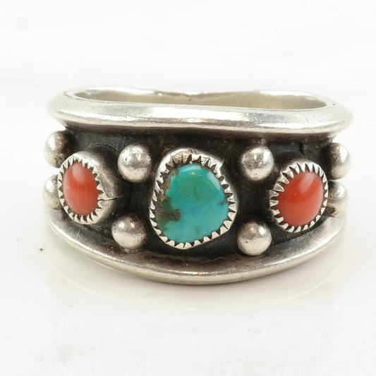 Vintage Native American Silver Ring Turquoise Coral Shadowbox Band Sterling Size 11