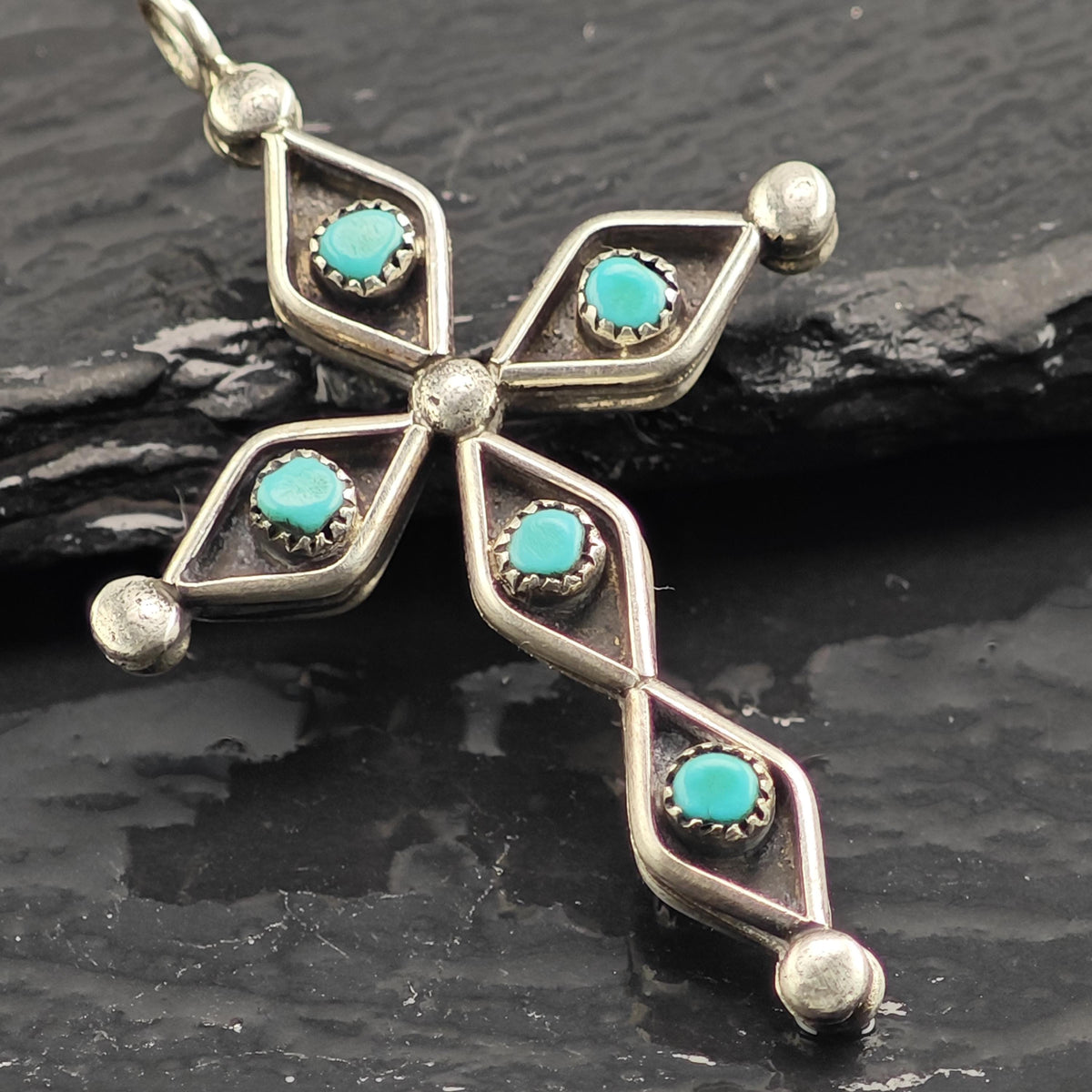 Reversible Zuni Turquoise, Coral Cross Sterling Silver Pendant P3143