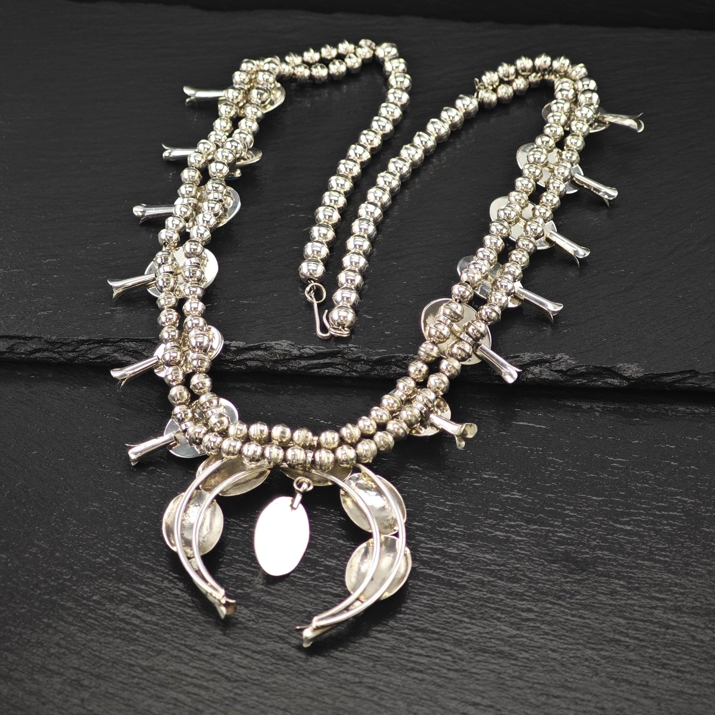 Sw Sterling Blue Turquoise Conchos Squash Blossom Necklace N2594