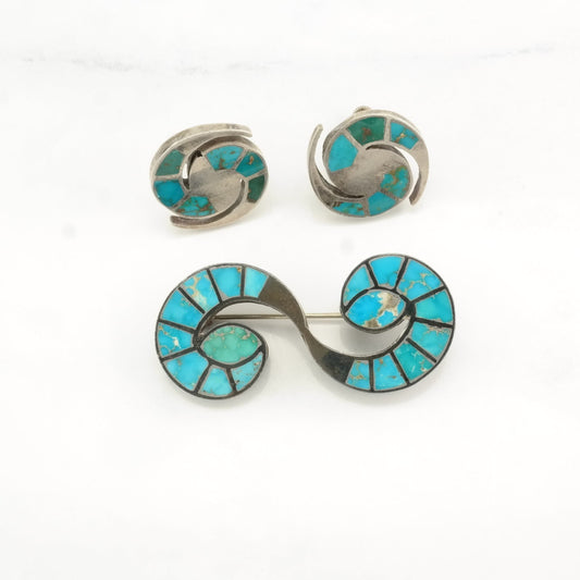 Historic, Early Zuni Inlay Sterling Silver Brooch Earrings Set , Hummingbird, Blue Turquoise