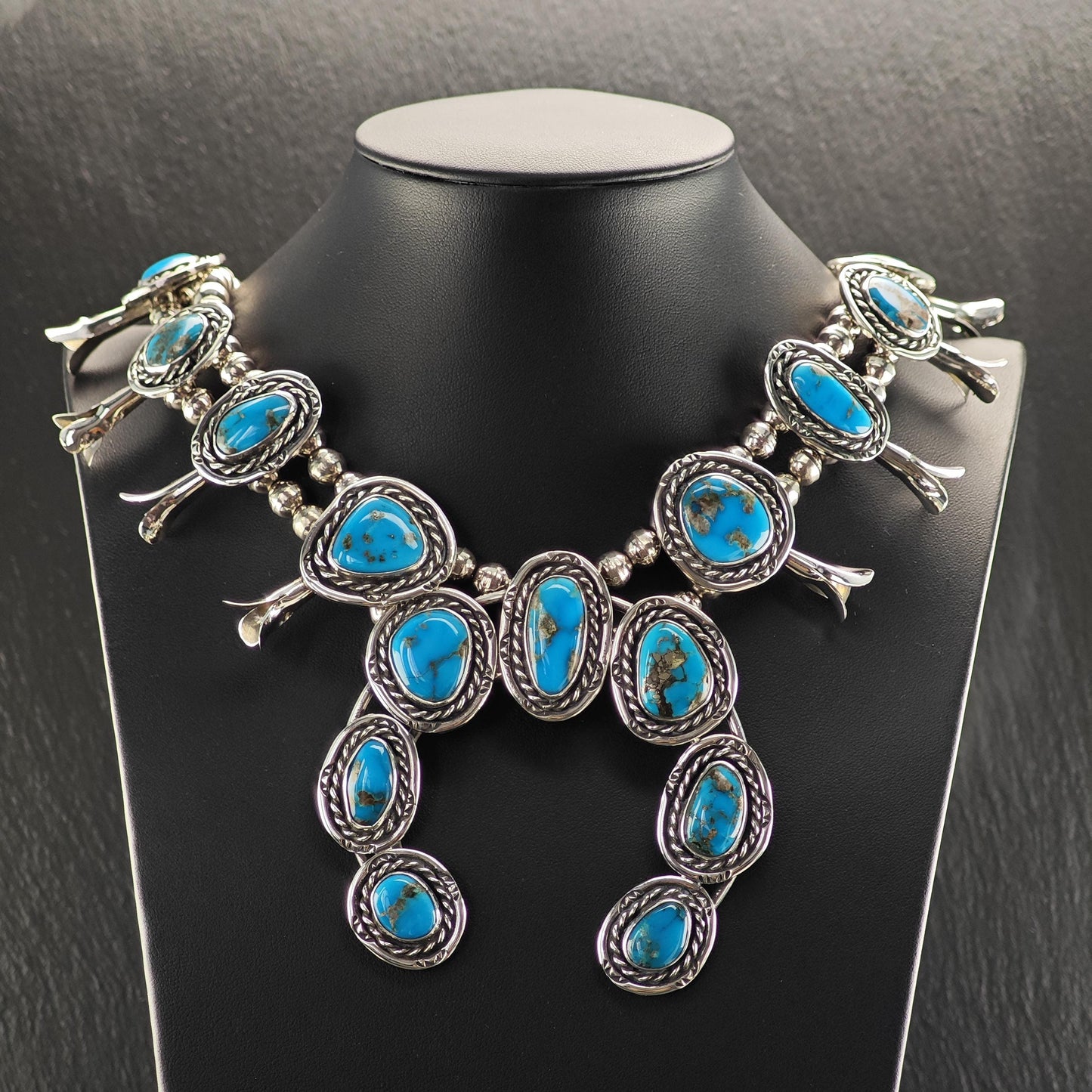 Large Southwest Blue Turquoise Squash Blossom Necklace and Earring Set in Sterling Silver