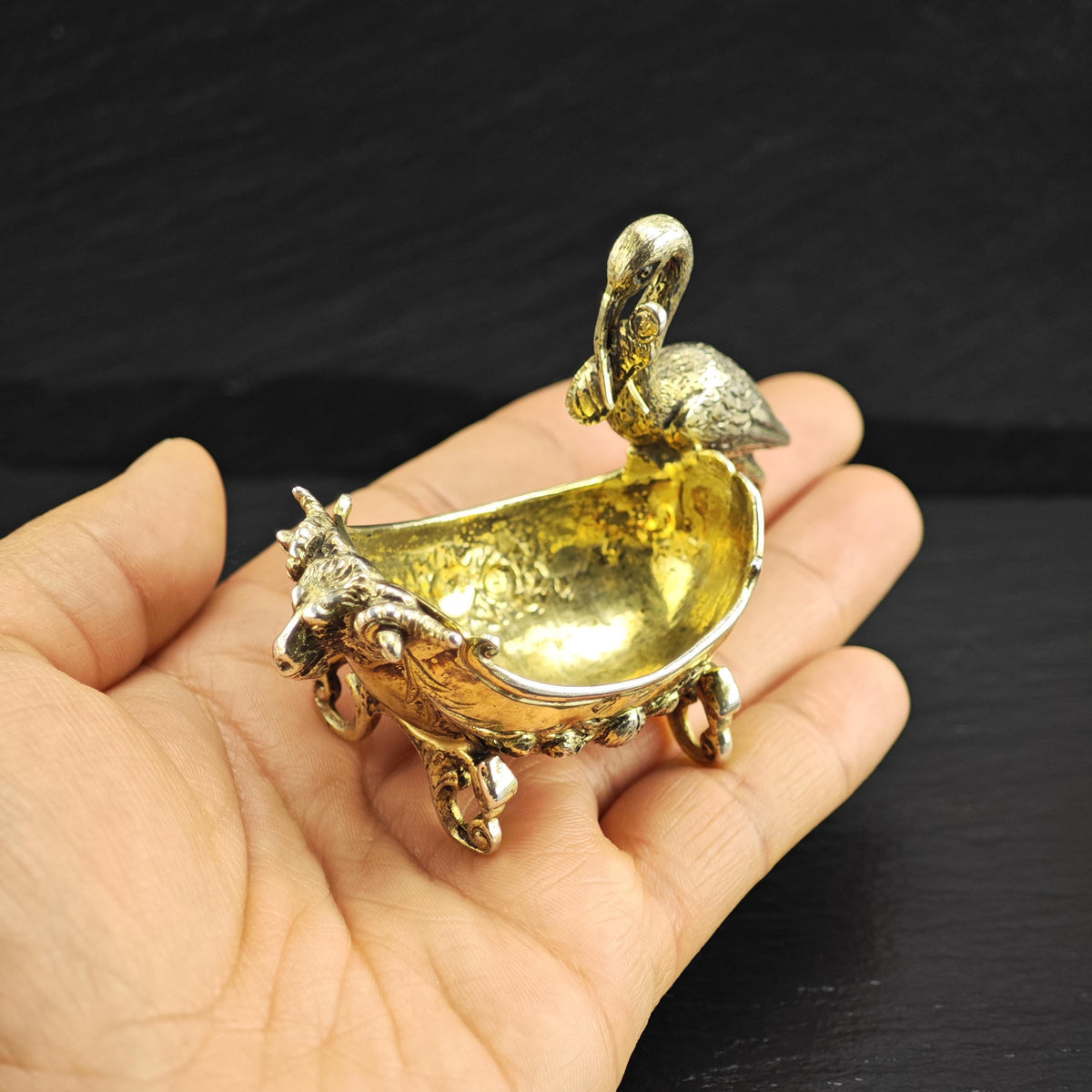 European Gold Gilded Stork/Baby with Ramhead Crib Sterling Silver Bowl Figurine MISC0395