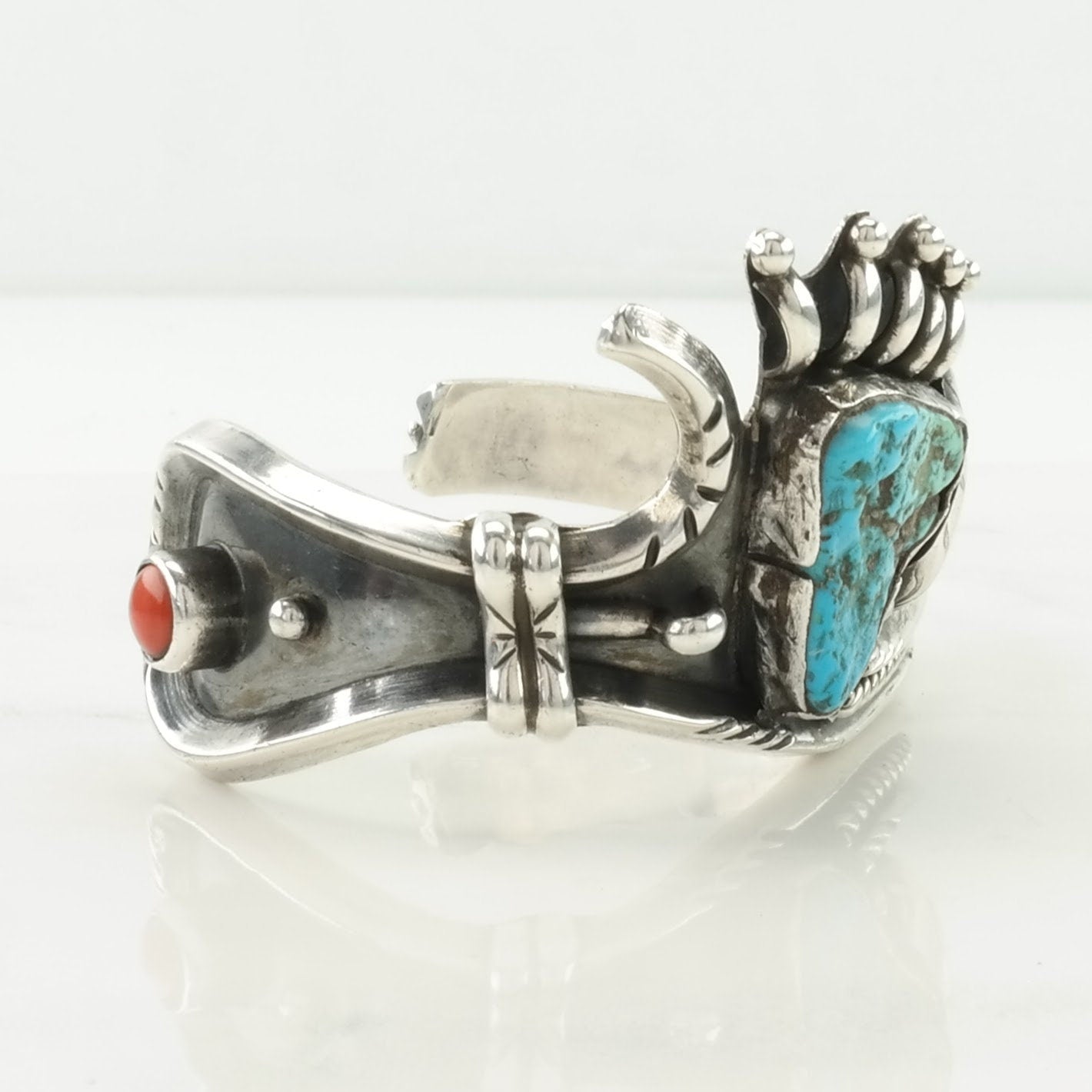 Native American Sterling Silver Cuff Bracelet Blue, Red Turquoise, Coral Crown