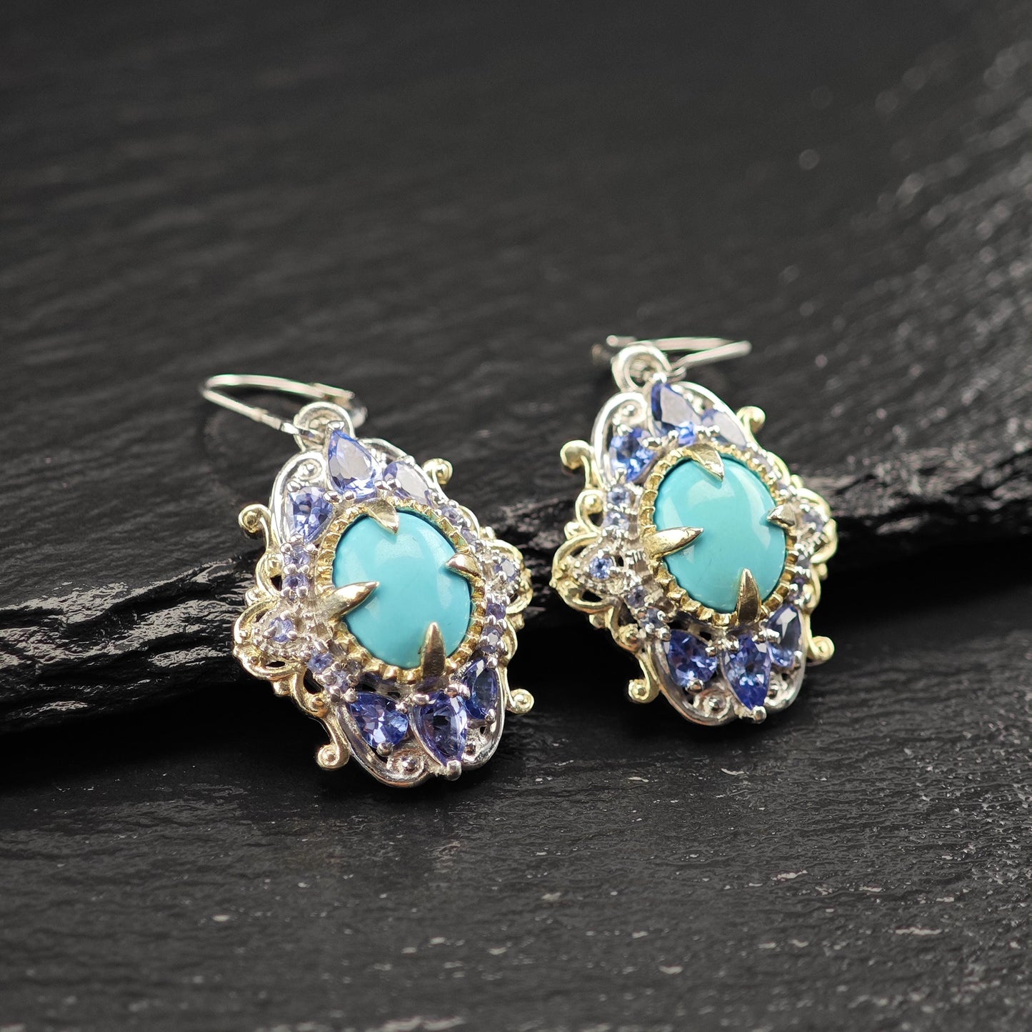 Turquoise Tanzanite Lever Back Earrings in Sterling Silver - Multi-Color Design
