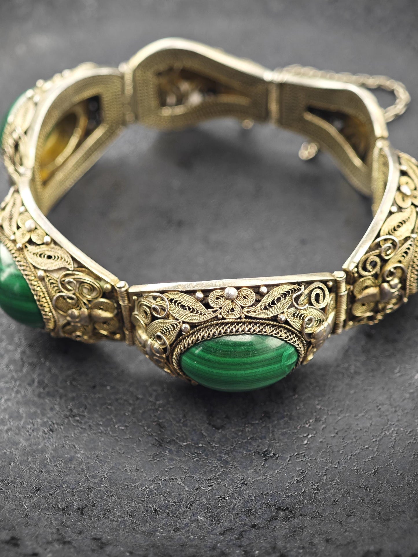 Chinese Silver Gilt Filigree, Malachite Panel Bracelet Sterling Silver