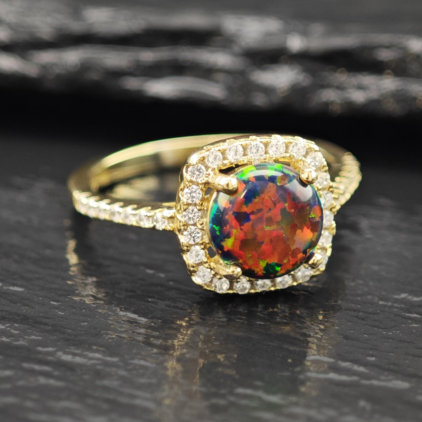 Lab Black Opal Halo 14K Gold Plated Ring Sterling Silver Sz 7 1/2 R6178