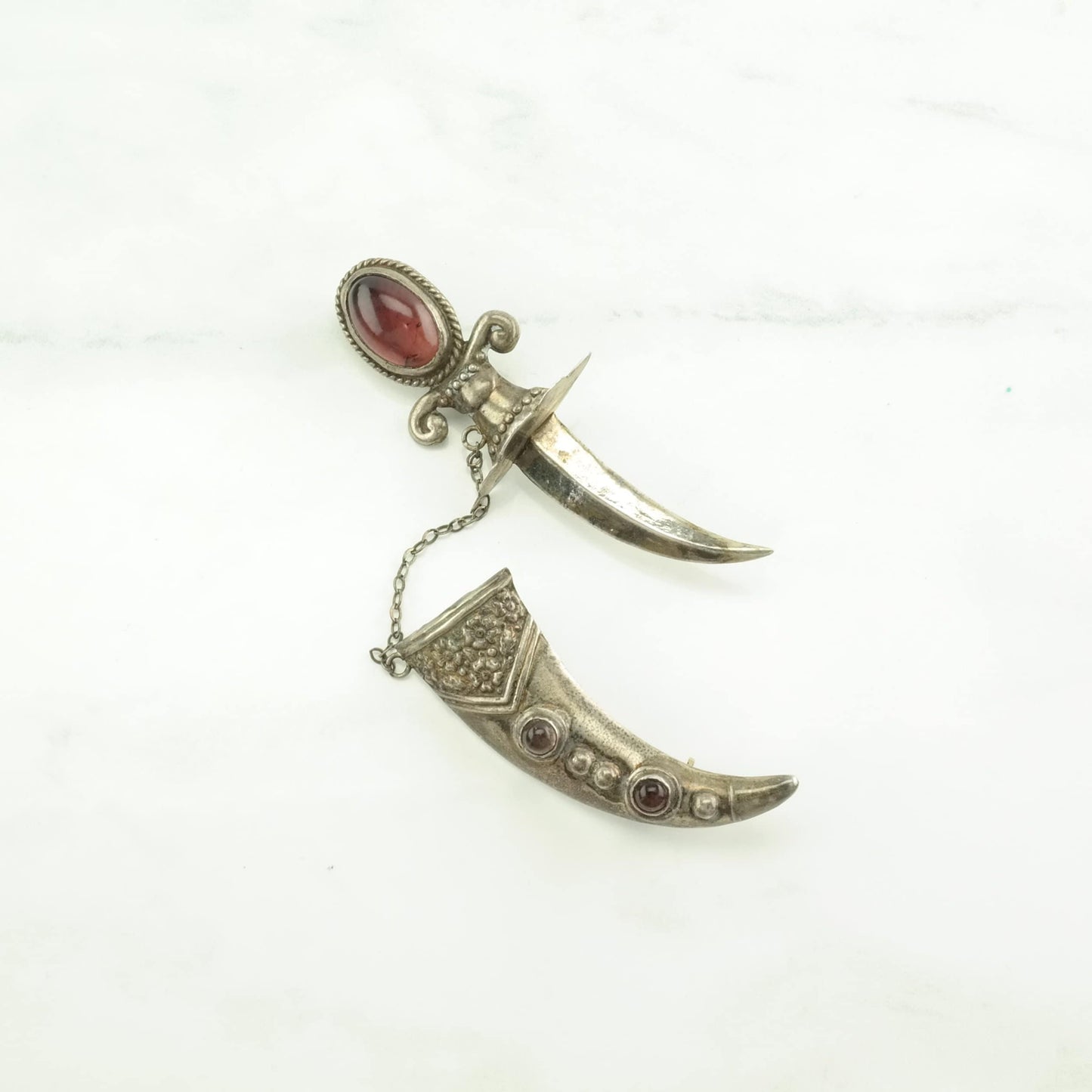 Vintage Sword Pink Silver Brooch Garnet Sterling