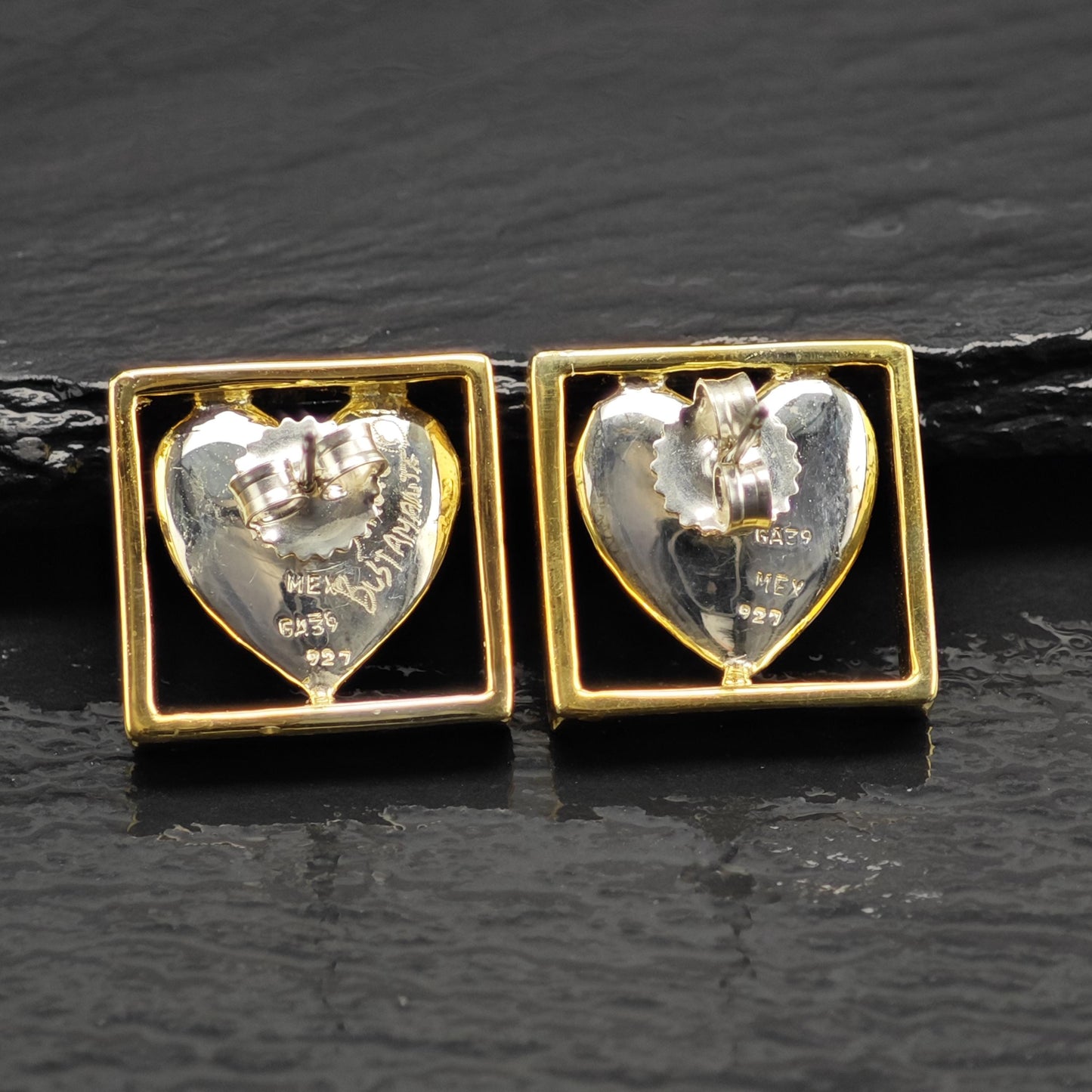 Sergio Bustamante Heart, Gold Tone Frame Stud Sterling Silver Earrings ER3123