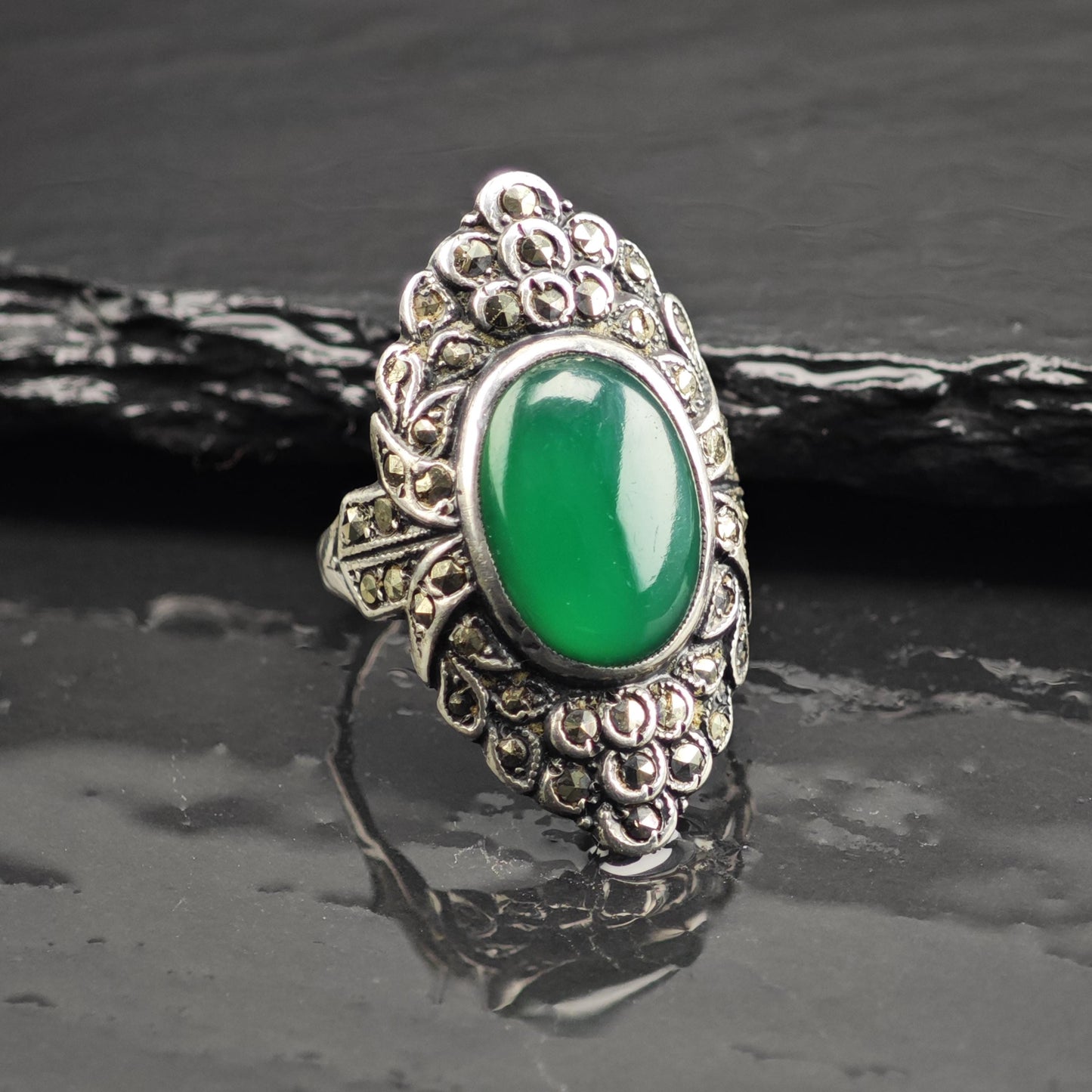 Art Deco Chrysoprase Sterling Silver Ring Sz 6 3/4 R6708