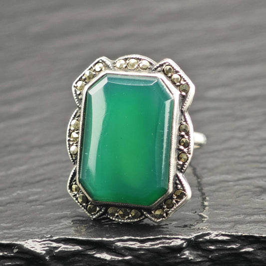 Uncas Art Deco Chrysoprase Sterling Silver Ring Sz 4 1/2 R6701