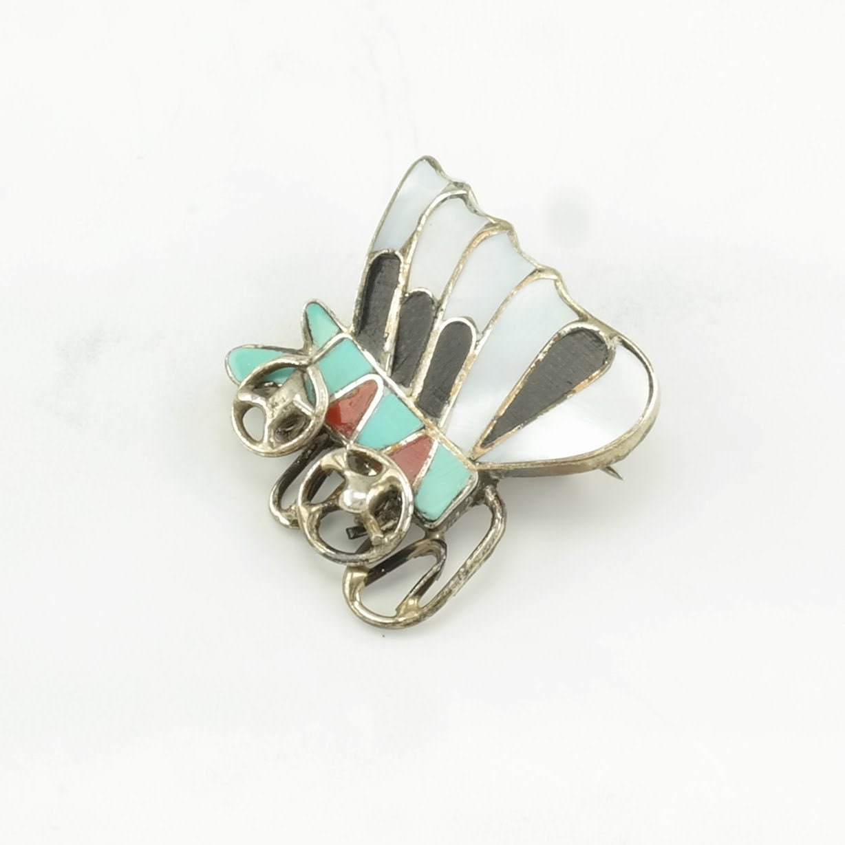 Vintage Zuni Sterling Silver Brooch Inlay, Wagon, Articulated Wheels MOP, Onyx, Turquoise