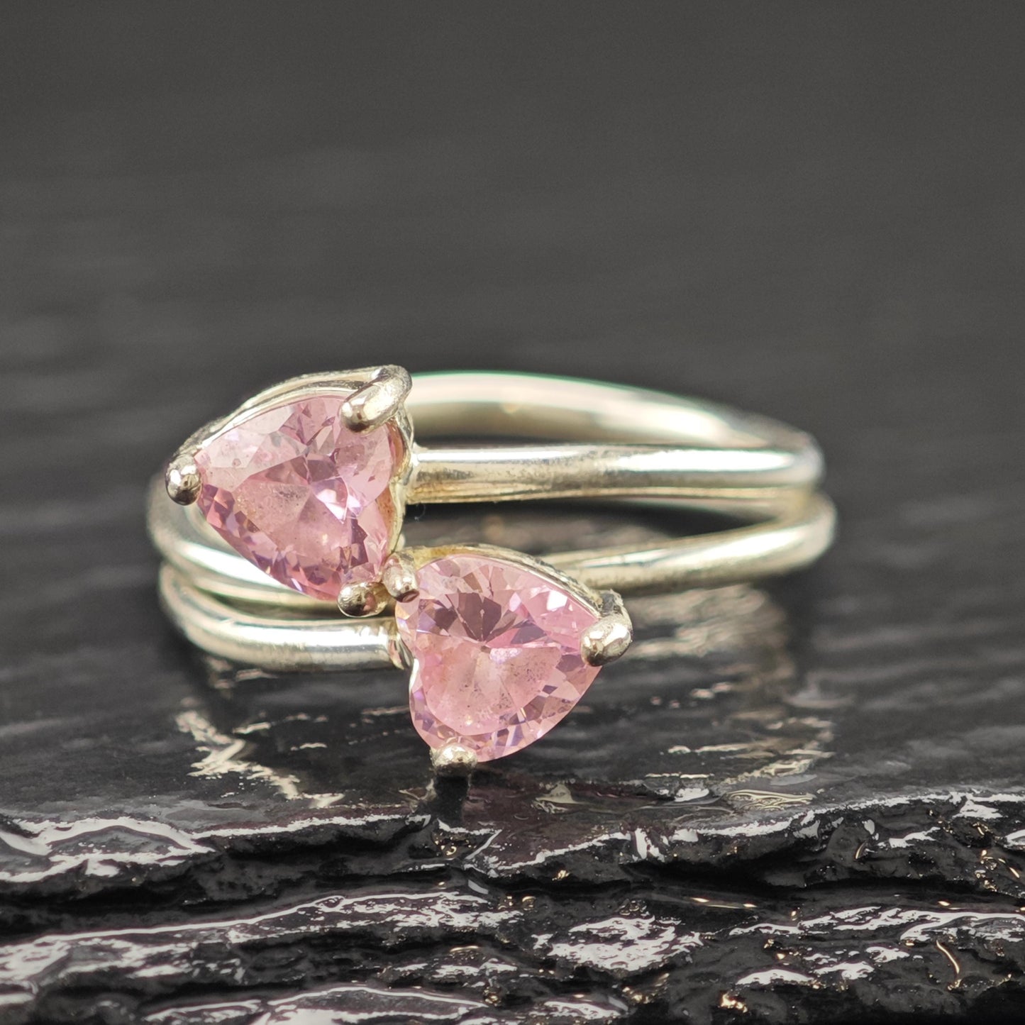 Sterling Silver Ring Double Pink Hearts Size 7 R6191